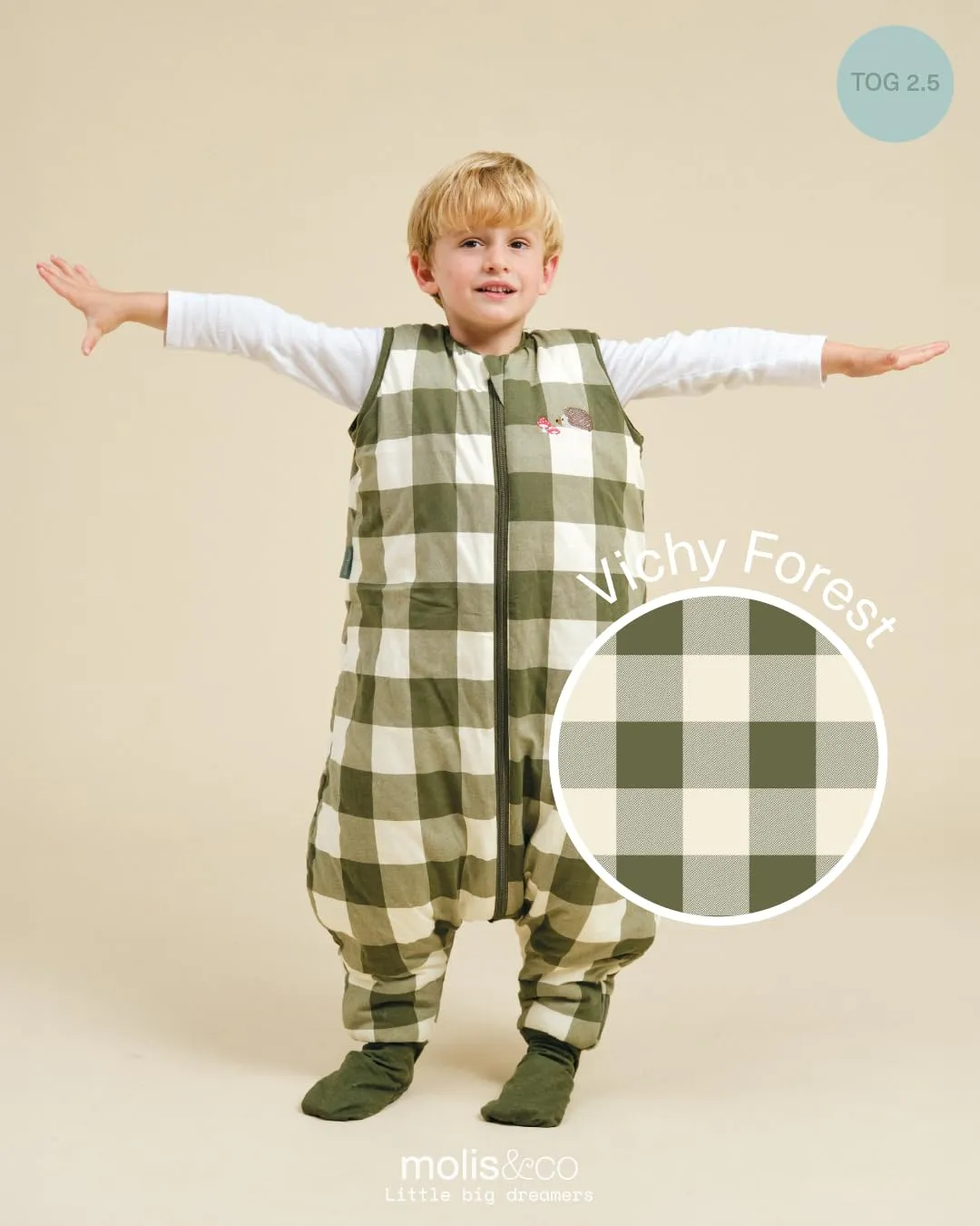 molis&co - Sacco Nanna con piedini e calzini - Sacco nanna invernale per Bambini - Sacchi Nanna 2.5 tog con piedini - 100% Cotone (Oeko-TEX 100) (Vichy Forest, 3 anni) - immagine 4