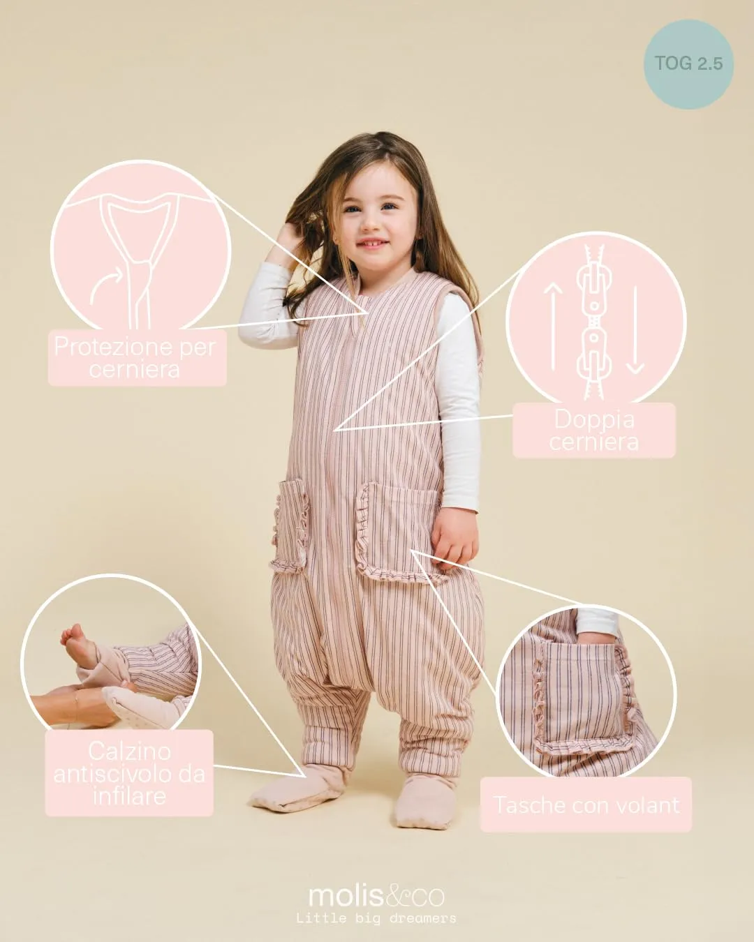 molis&co - Sacco Nanna con piedini e calzini - Sacco nanna invernale per Bambini - Sacchi Nanna 2.5 tog con piedini - 100% Cotone (Oeko-TEX 100) (Navy & Pink Stripes, 4 anni) - immagine 3