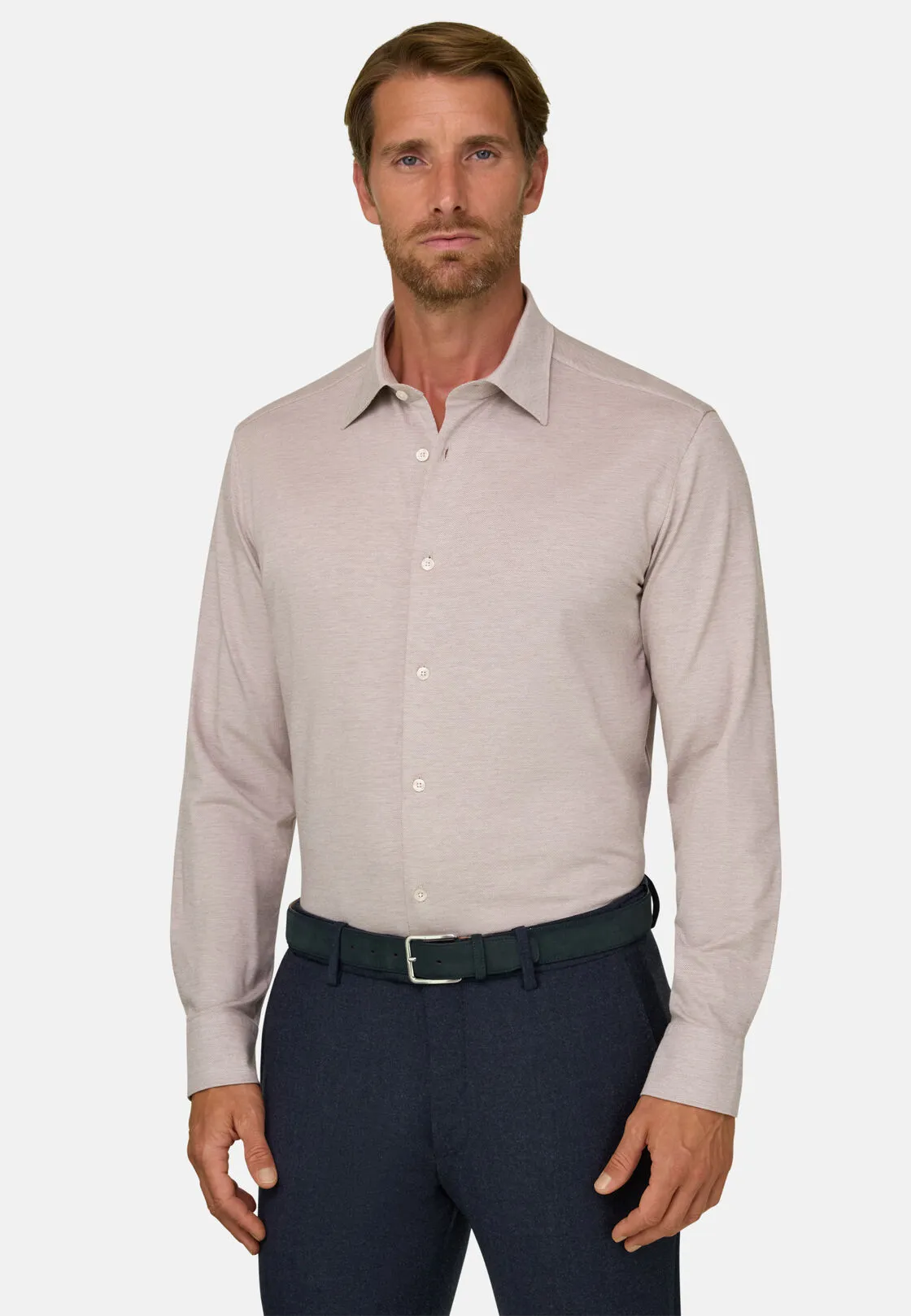 Boggi, Polo Camicia In Twill Misto Cotone Lana Regular Fit, Uomo, Marrone, Taglia: M - immagine 1