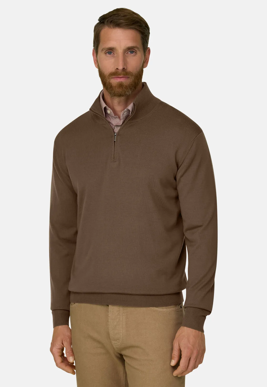 Boggi, Maglia Mezza Zip In Lana Merino Extrafine, Uomo, Marrone, Taglia: XS - immagine 1