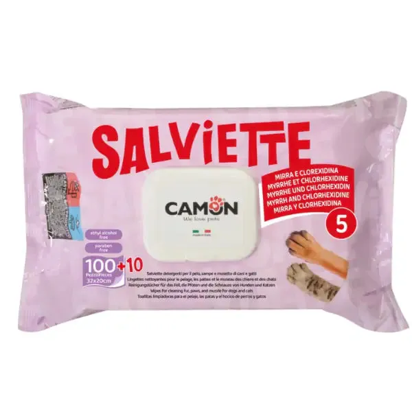 Salviette Detergenti per cani e gatti Maxi Formato da 110 pezzi Camon Mirra e clorexidina - immagine 1