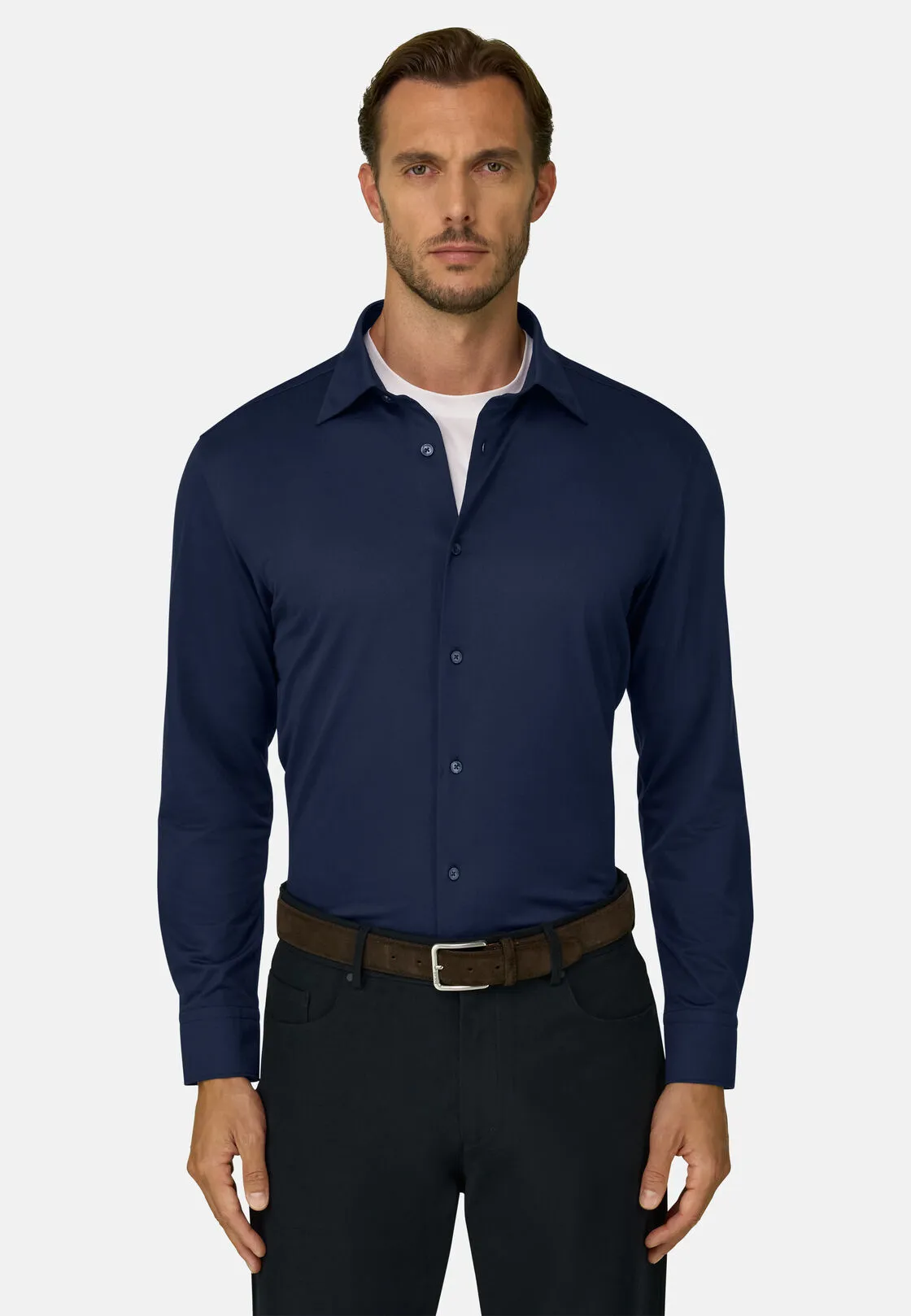 Boggi, Polo Camicia In Twill Di Jersey Giapponese Regular Fit, Uomo, Navy, Taglia: L - immagine 1