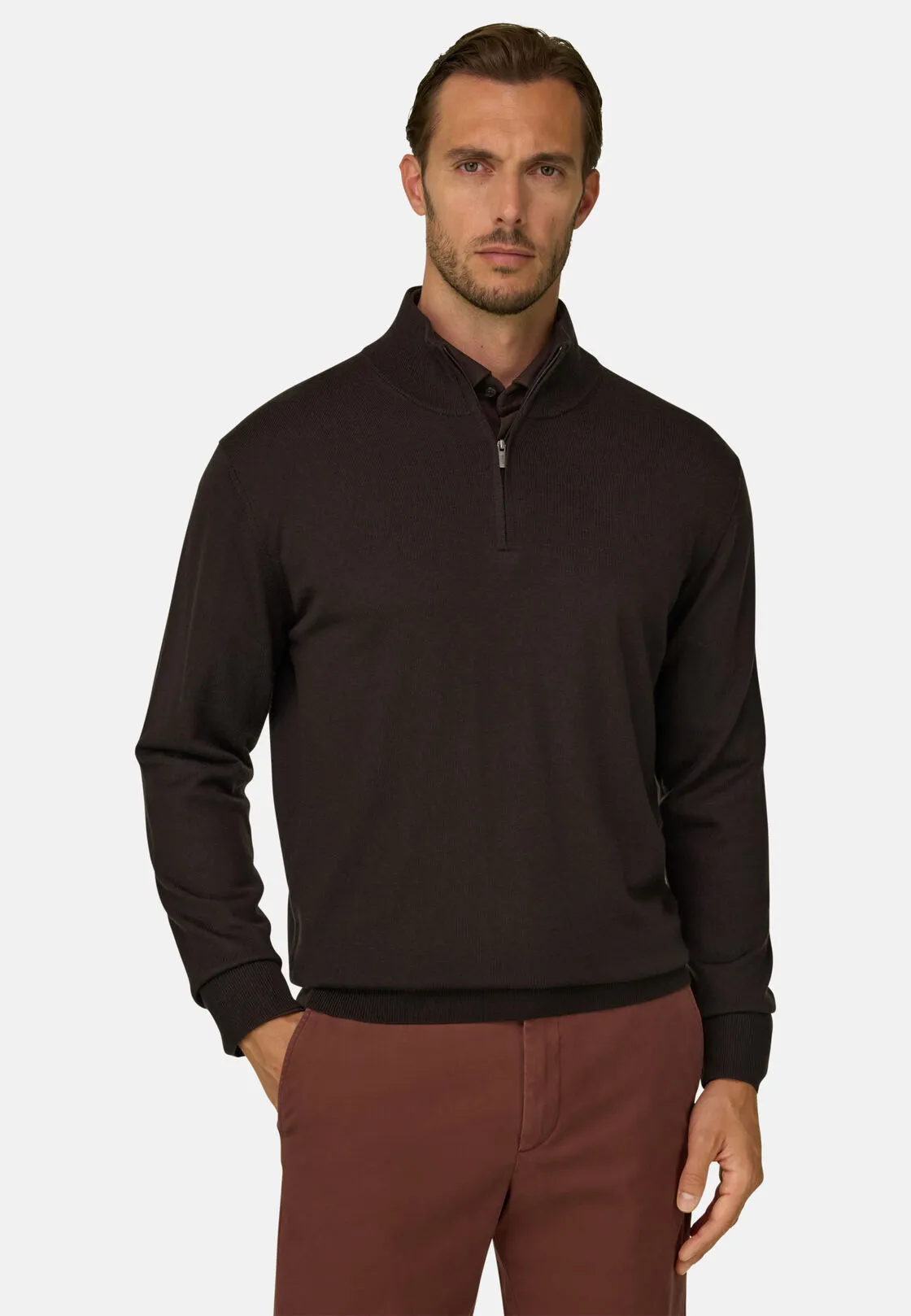 Boggi, Maglia Mezza Zip In Lana Merino Extrafine, Uomo, Marrone scuro, Taglia: XL - immagine 1
