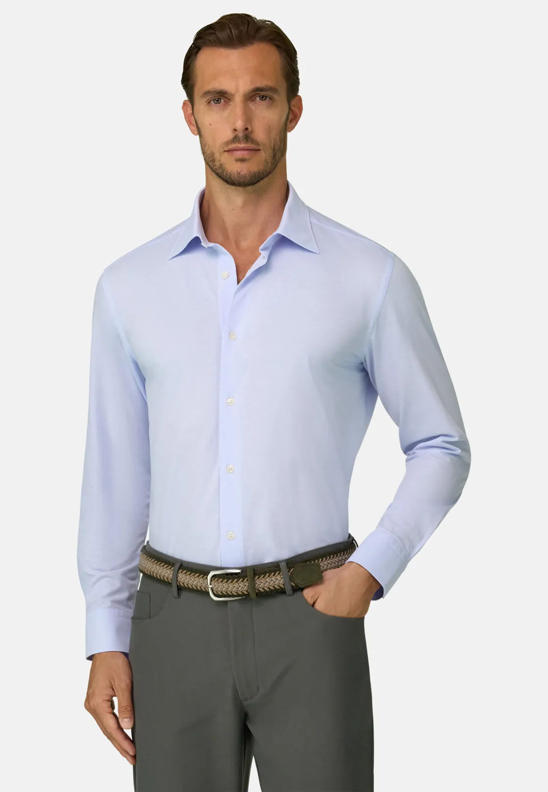 Boggi, Polo Camicia In Twill Di Jersey Giapponese Regular Fit, Uomo, Azzurro, Taglia: S - immagine 1