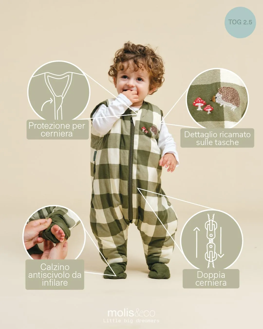 molis&co - Sacco Nanna con piedini e calzini - Sacco nanna invernale per Bambini - Sacchi Nanna 2.5 tog con piedini - 100% Cotone (Oeko-TEX 100) (Vichy Forest, 4 anni) - immagine 3