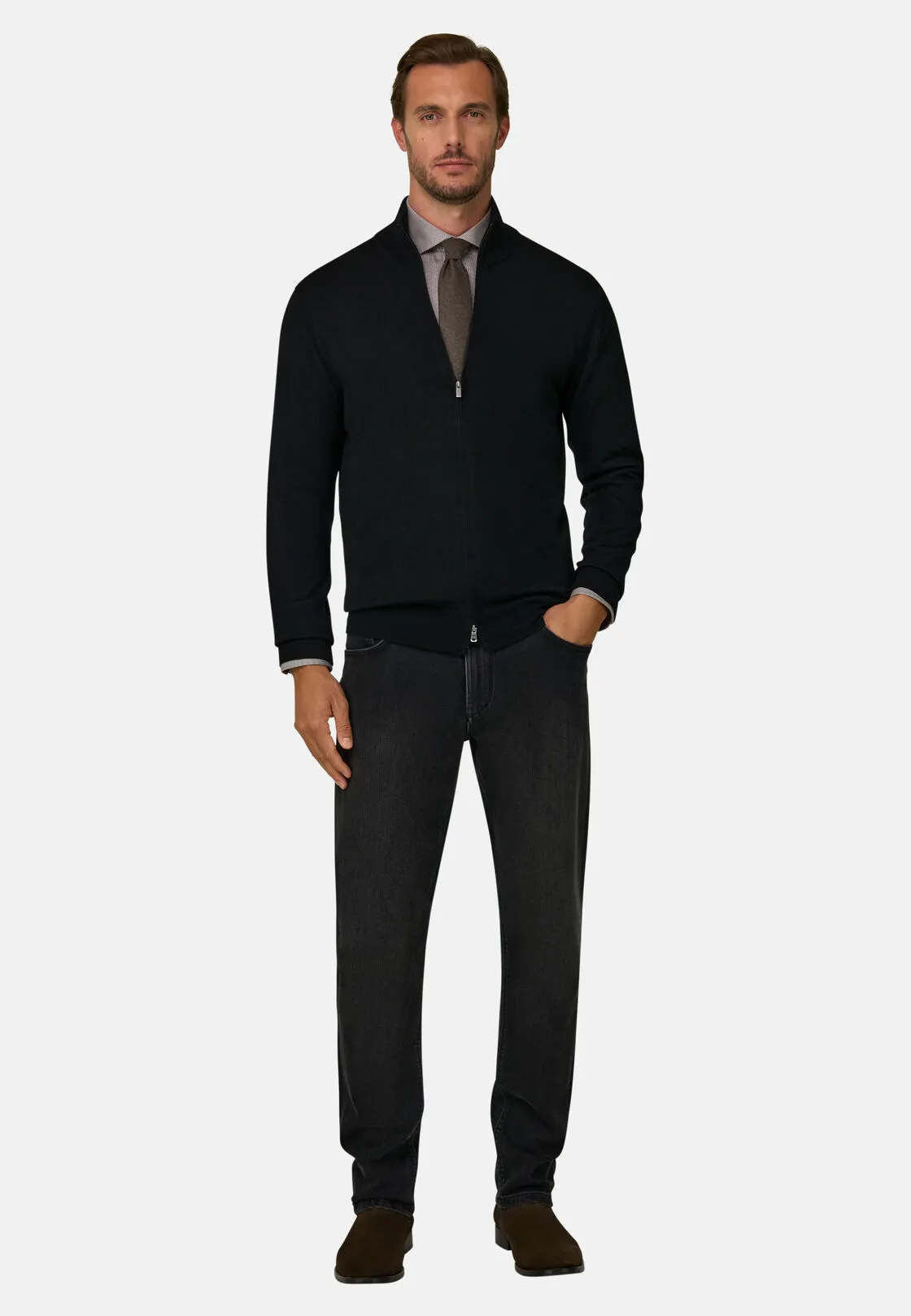 Boggi, Maglia Full Zip In Lana Merino Extrafine, Uomo, Nero, Taglia: S - immagine 2