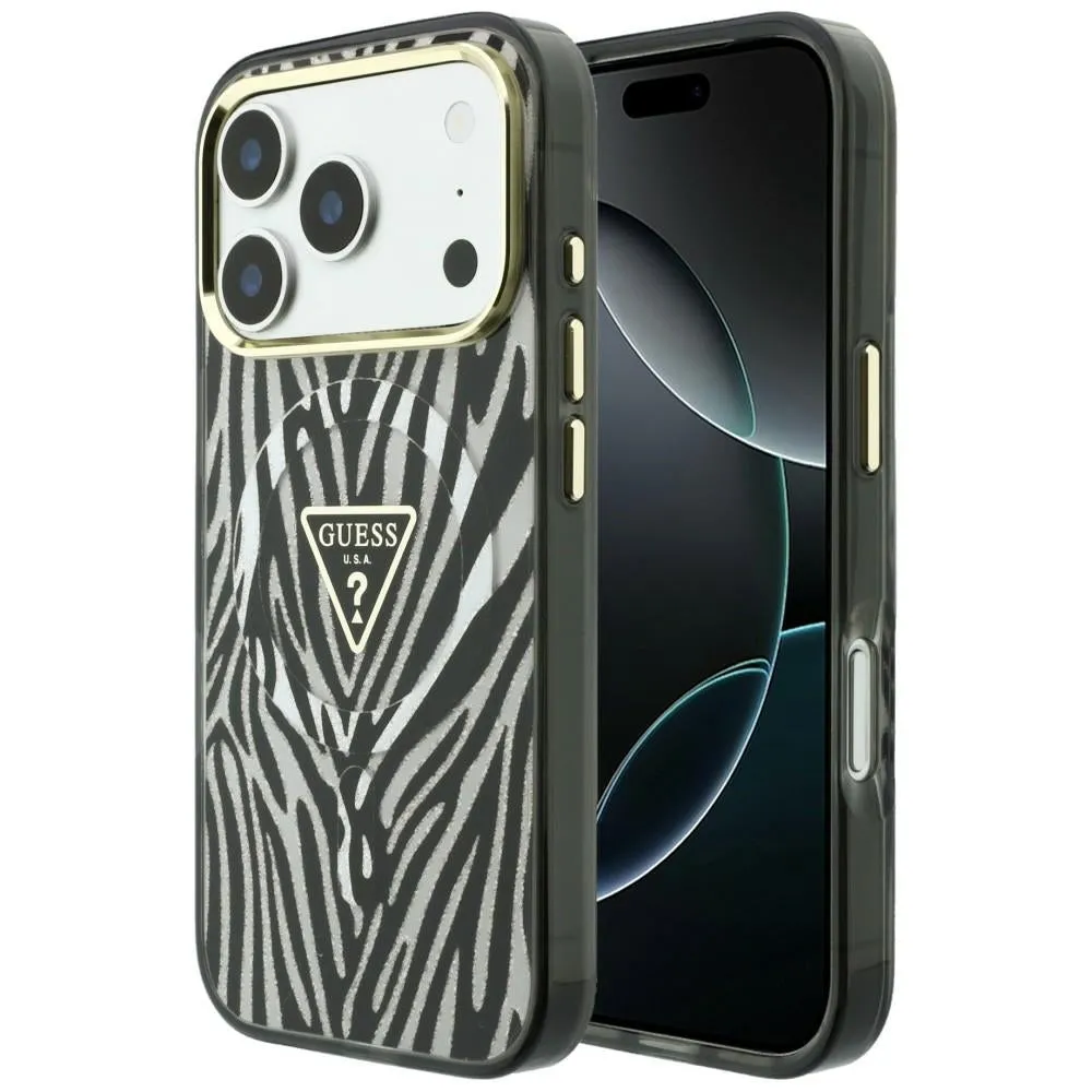 Custodia MagSafe per Apple iPhone 18 Pro / 17 Pro, Guess, Logo Triangolo Glitter Zebra, Argento - immagine 1