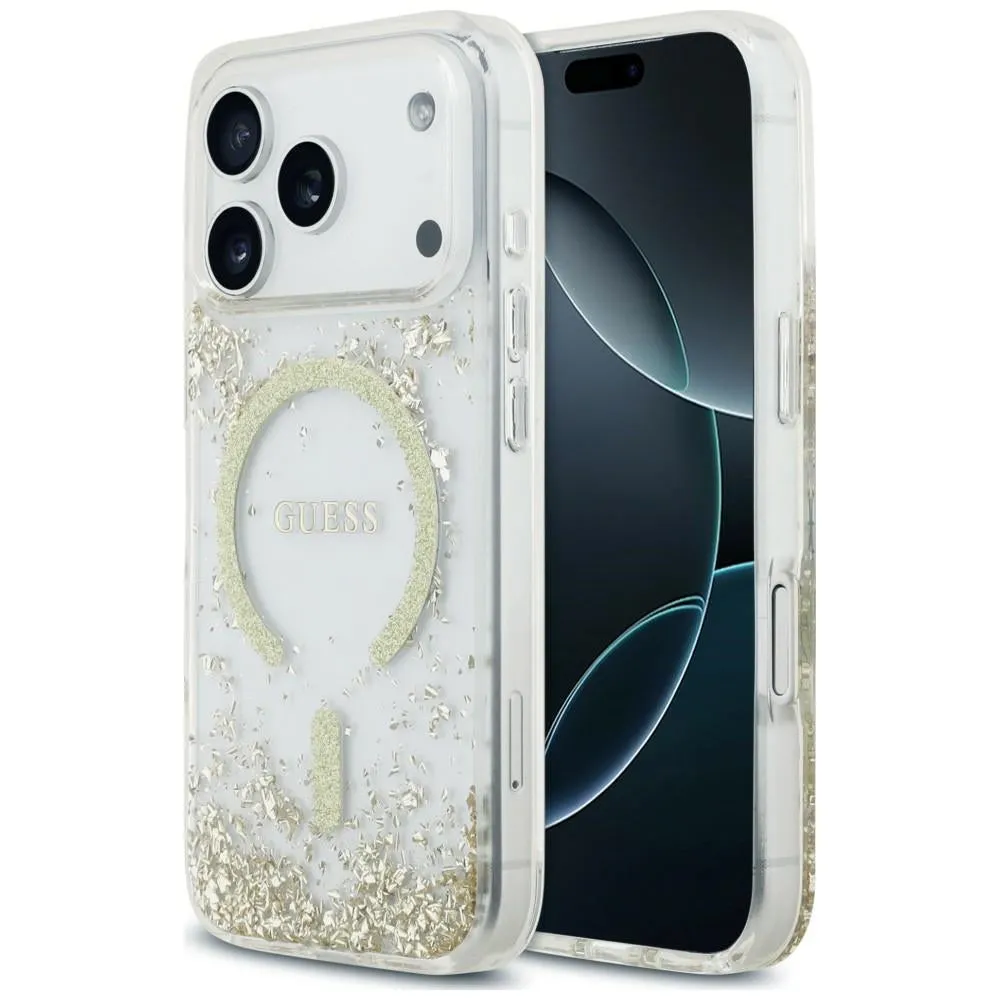 Custodia MagSafe per Apple iPhone 18 Pro / 17 Pro, Guess, Fondo in Resina Glitter, Dorata - immagine 1