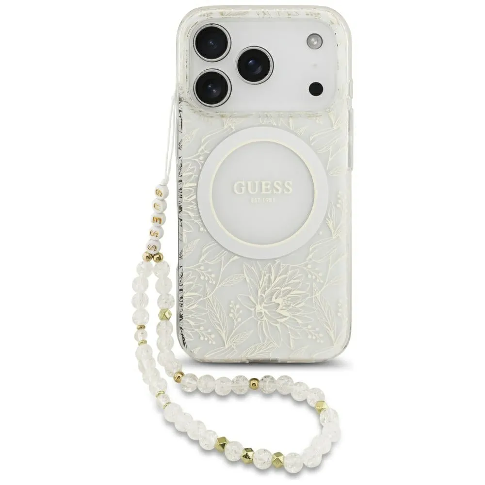 Custodia MagSafe per Apple iPhone 18 Pro Max / 17 Pro Max, Guess, IML Flowers Placcata Elettroliticamente con Cinturino Perla, Bianca - immagine 1