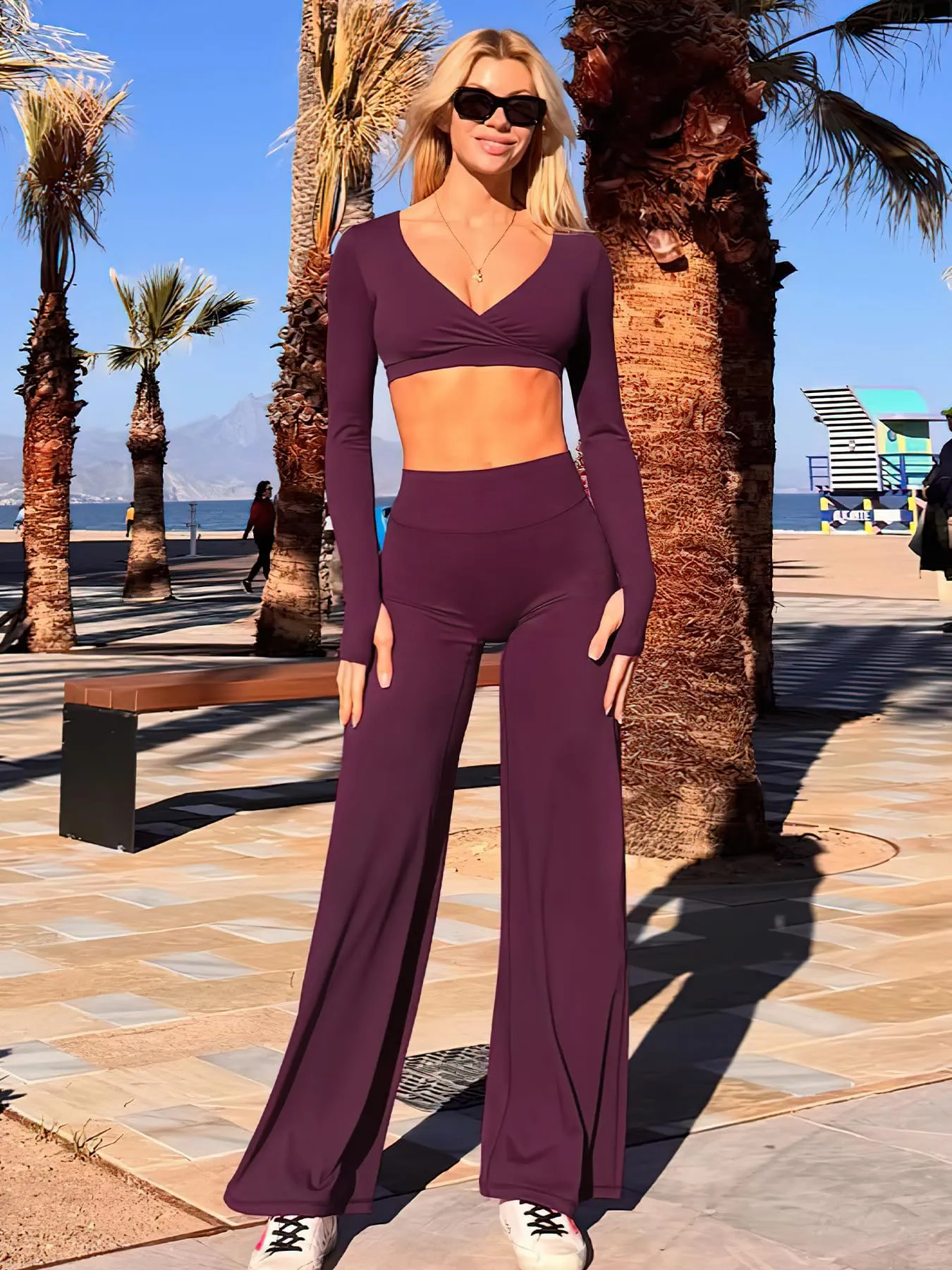 ZAAYO Leggings da donna senza cuciture, a vita alta, flared, leggings da yoga, sport, yoga, da donna, palestra, yoga, pantaloni regolari, lunghi, extra lunghi, Ciliegia nera, M - immagine 3