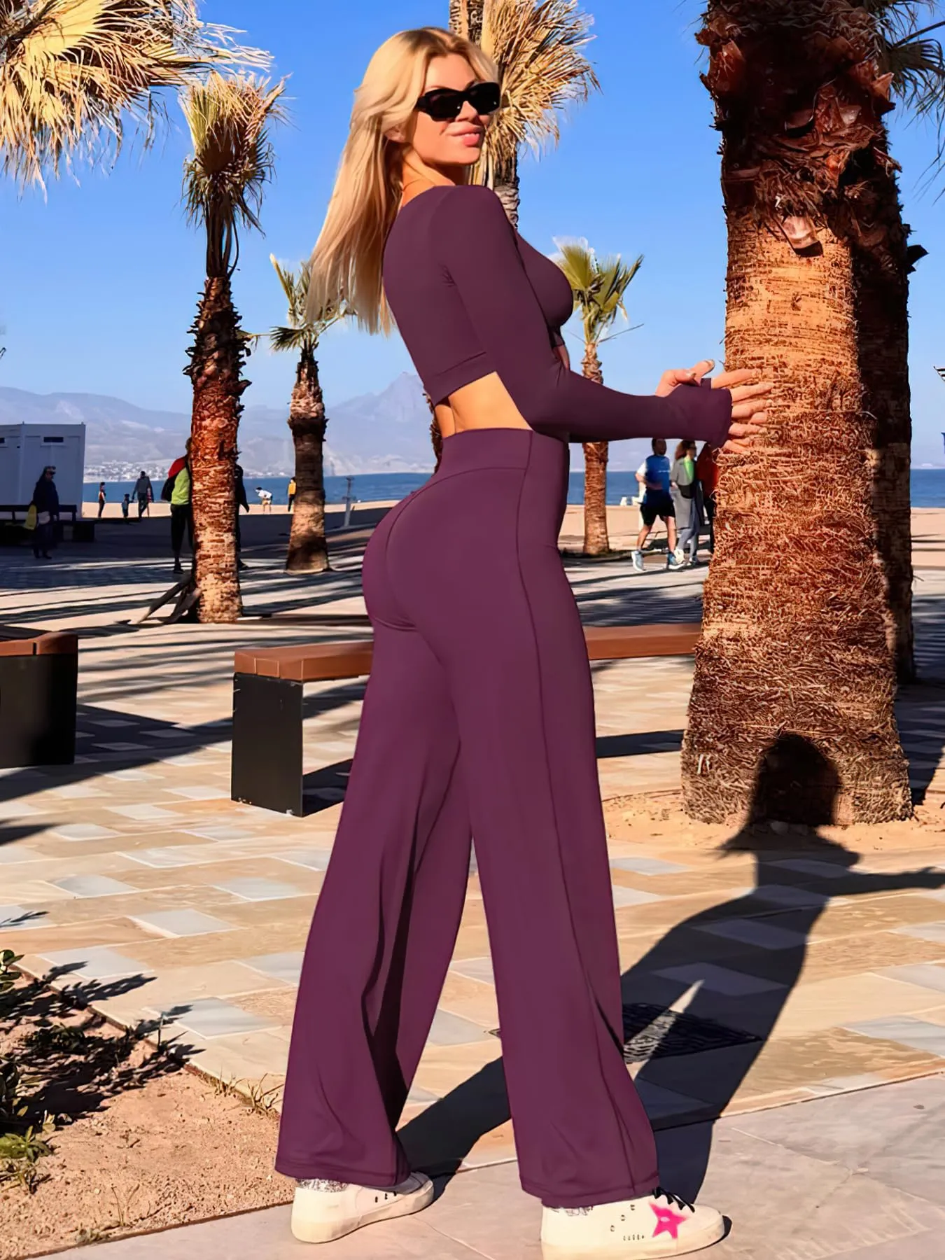 ZAAYO Leggings da donna senza cuciture, a vita alta, flared, leggings da yoga, sport, yoga, da donna, palestra, yoga, pantaloni regolari, lunghi, extra lunghi, Ciliegia nera, M - immagine 5