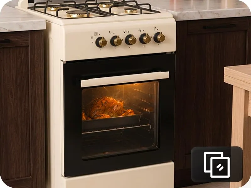 Cucina a Gas 4 Fuochi con Forno a Gas 49L, Beige Vintage, 50x50 cm, Accensione Manuale, Doppio Vetro, Valvola di Sicurezza, con Coperchio - immagine 3