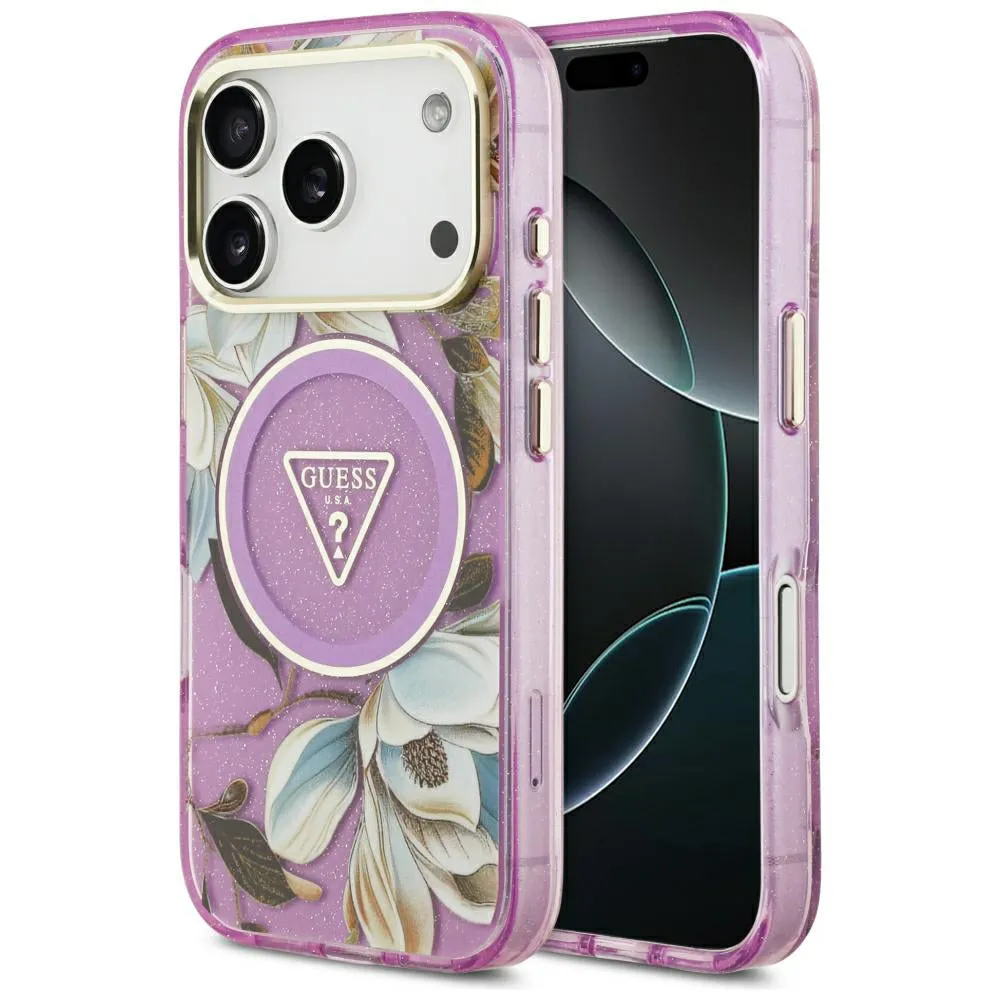 Custodia MagSafe per Apple iPhone 18 Pro / 17 Pro, Guess, IML Metal Glitter Flowers Triangle, Viola - immagine 1