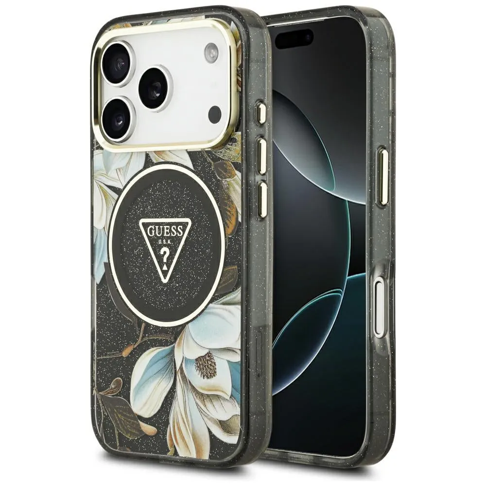 Custodia MagSafe per Apple iPhone 18 Pro, Guess, IML Metal Glitter Flowers Triangle, Nera - immagine 1