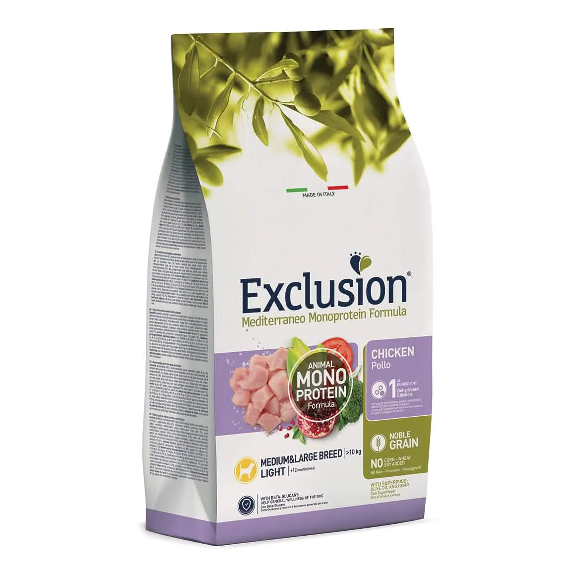 Exclusion mediterraneo monoprotein noble grain light chicken medium&large 3kg - immagine 1