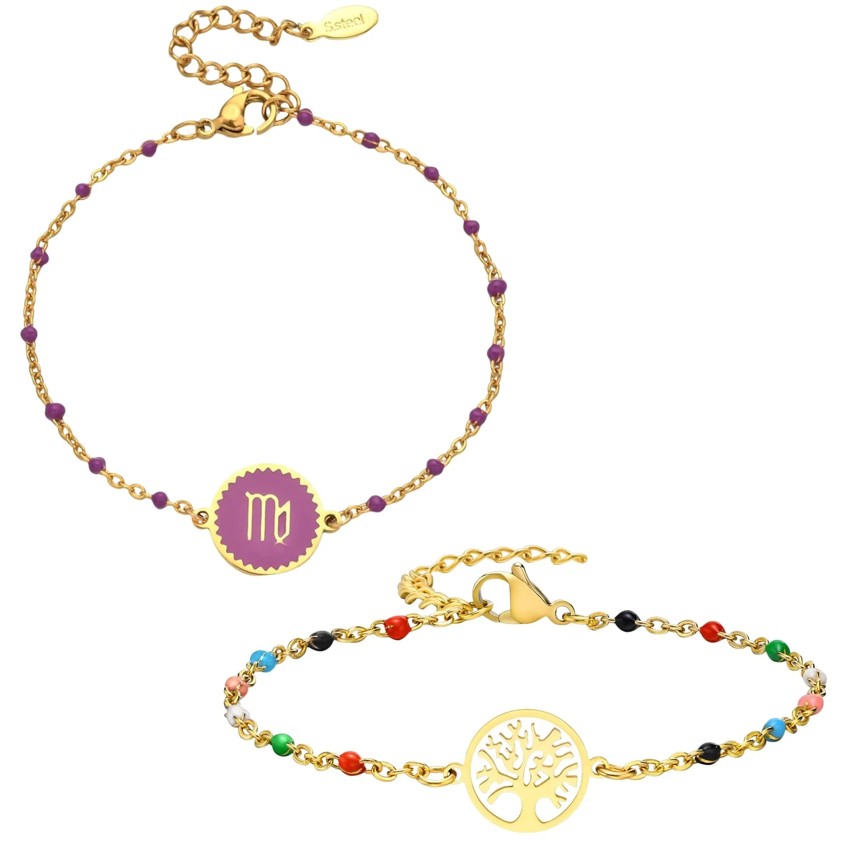 Caimeytie 1 braccialetto con costellazione+1 braccialetto con ciondolo a forma di oroscopo per donna/ragazza/acciaio inossidabile/regalo zodiacale/gioielli astrologia regali per ragazze, 7 inches, - immagine 1