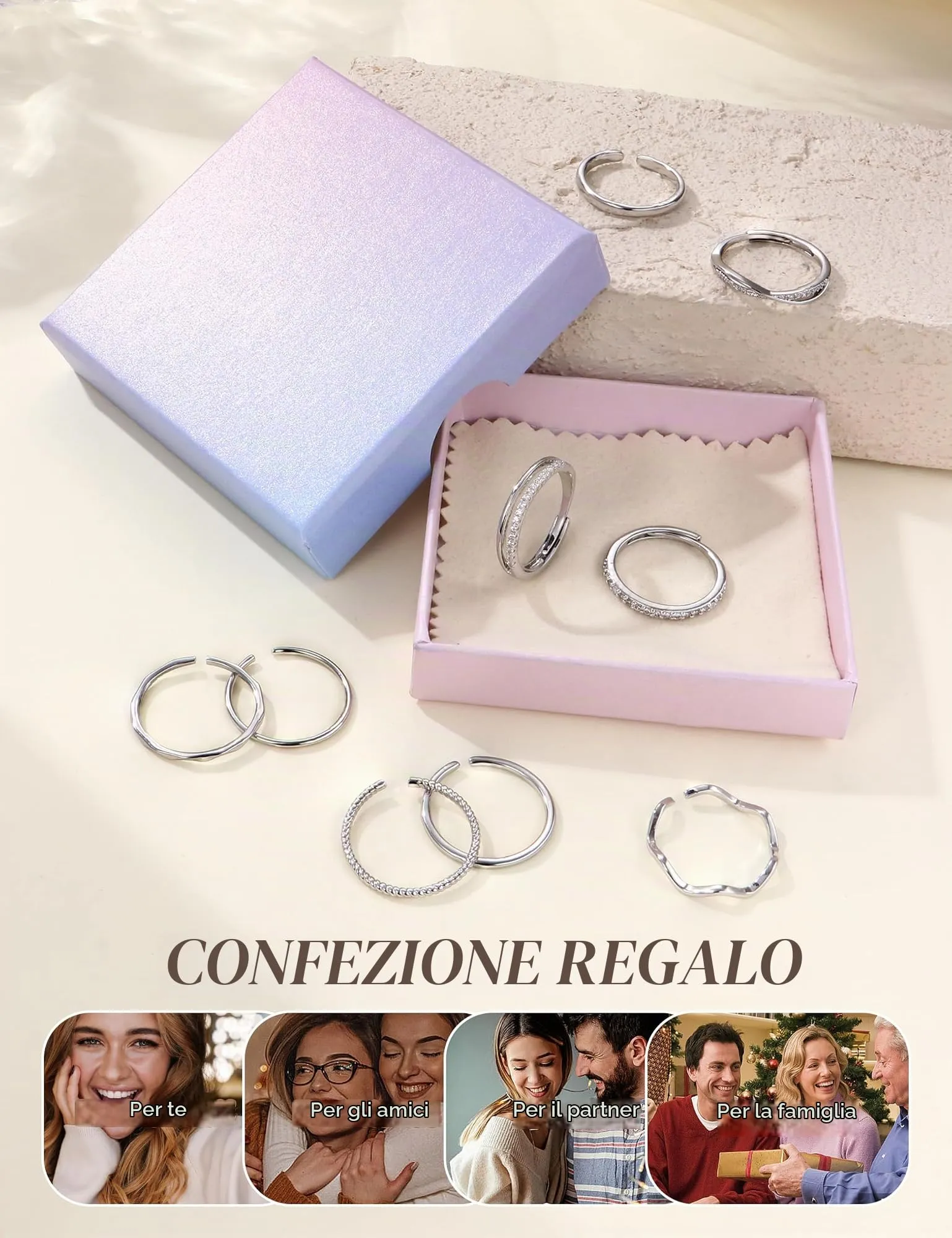 CASSIECA 9 Pezzi Anello Donna Anello Fidanzamento Placcato Argento - immagine 8