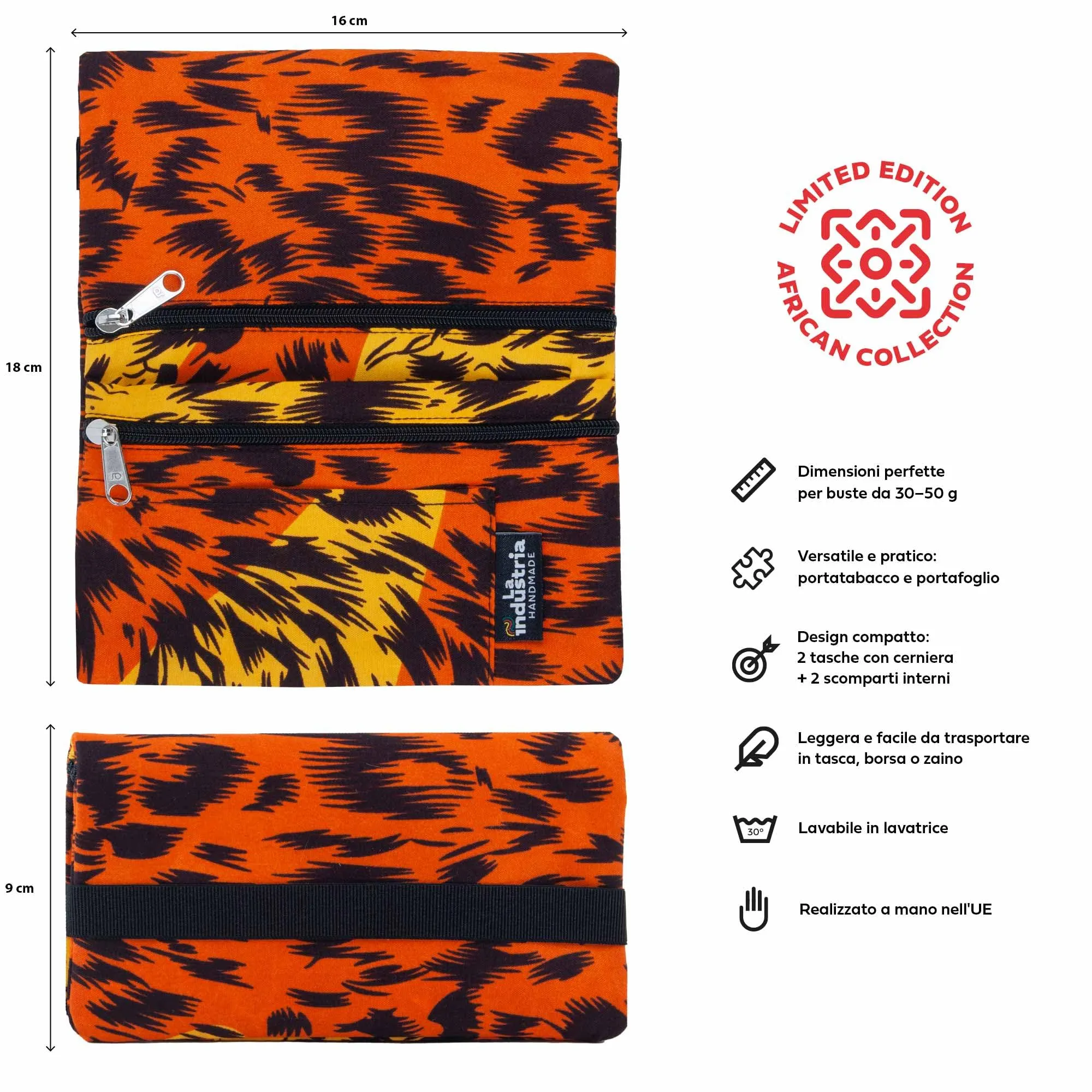Porta Tabacco e Portafoglio Compatto con Doppia Cerniera – Astuccio Portatabacco con Fantasia Africana Colorata e Scomparti per Cartine, Filtri, Accendino, Carte e Contanti – Uomo e Donna (Leopard) - immagine 2