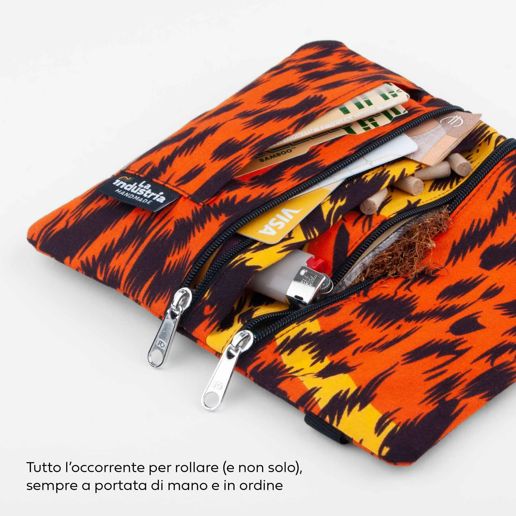 Porta Tabacco e Portafoglio Compatto con Doppia Cerniera – Astuccio Portatabacco con Fantasia Africana Colorata e Scomparti per Cartine, Filtri, Accendino, Carte e Contanti – Uomo e Donna (Leopard) - immagine 3