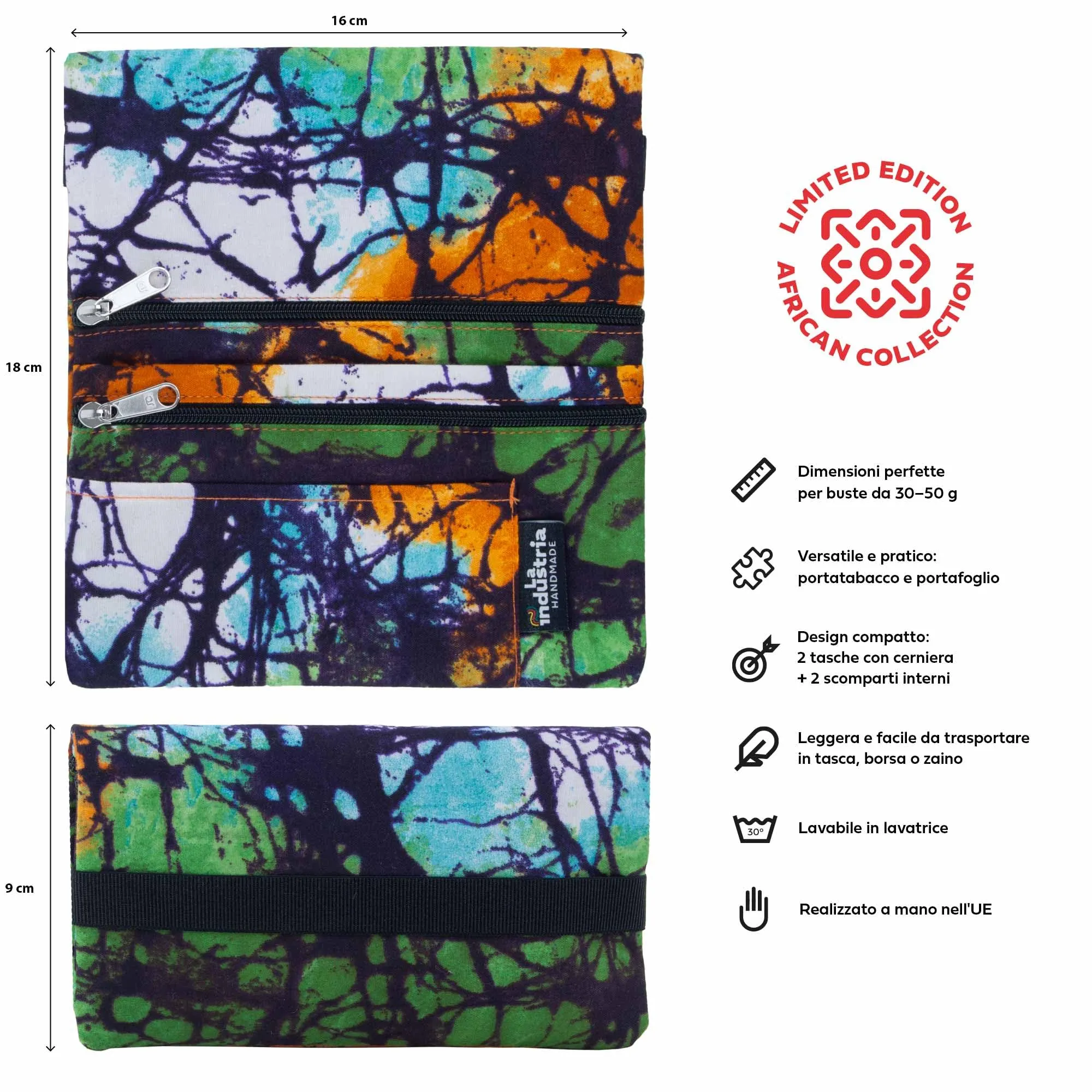Porta Tabacco e Portafoglio Compatto con Doppia Cerniera – Astuccio Portatabacco con Fantasia Africana Colorata e Scomparti per Cartine, Filtri, Accendino, Carte e Contanti – Uomo e Donna (Tie Dye) - immagine 2