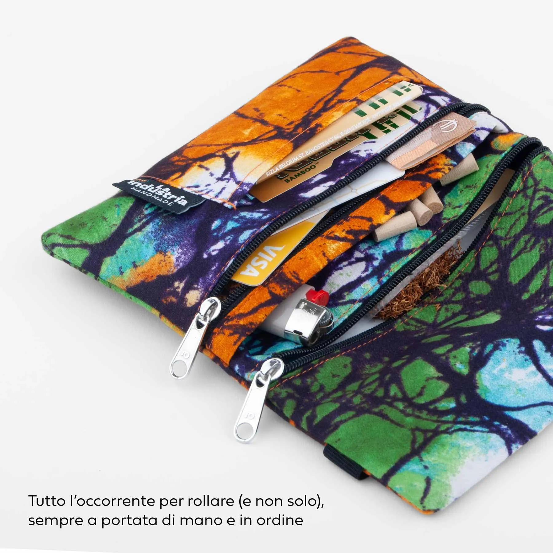 Porta Tabacco e Portafoglio Compatto con Doppia Cerniera – Astuccio Portatabacco con Fantasia Africana Colorata e Scomparti per Cartine, Filtri, Accendino, Carte e Contanti – Uomo e Donna (Tie Dye) - immagine 3