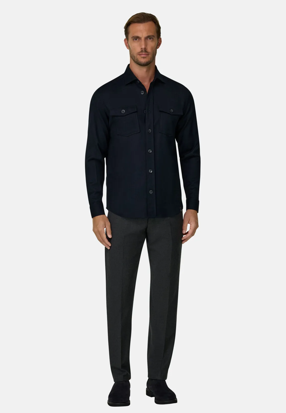 Boggi, Camicia Over In Flanella Di Lana Melange, Uomo, Navy, Taglia: S - immagine 2