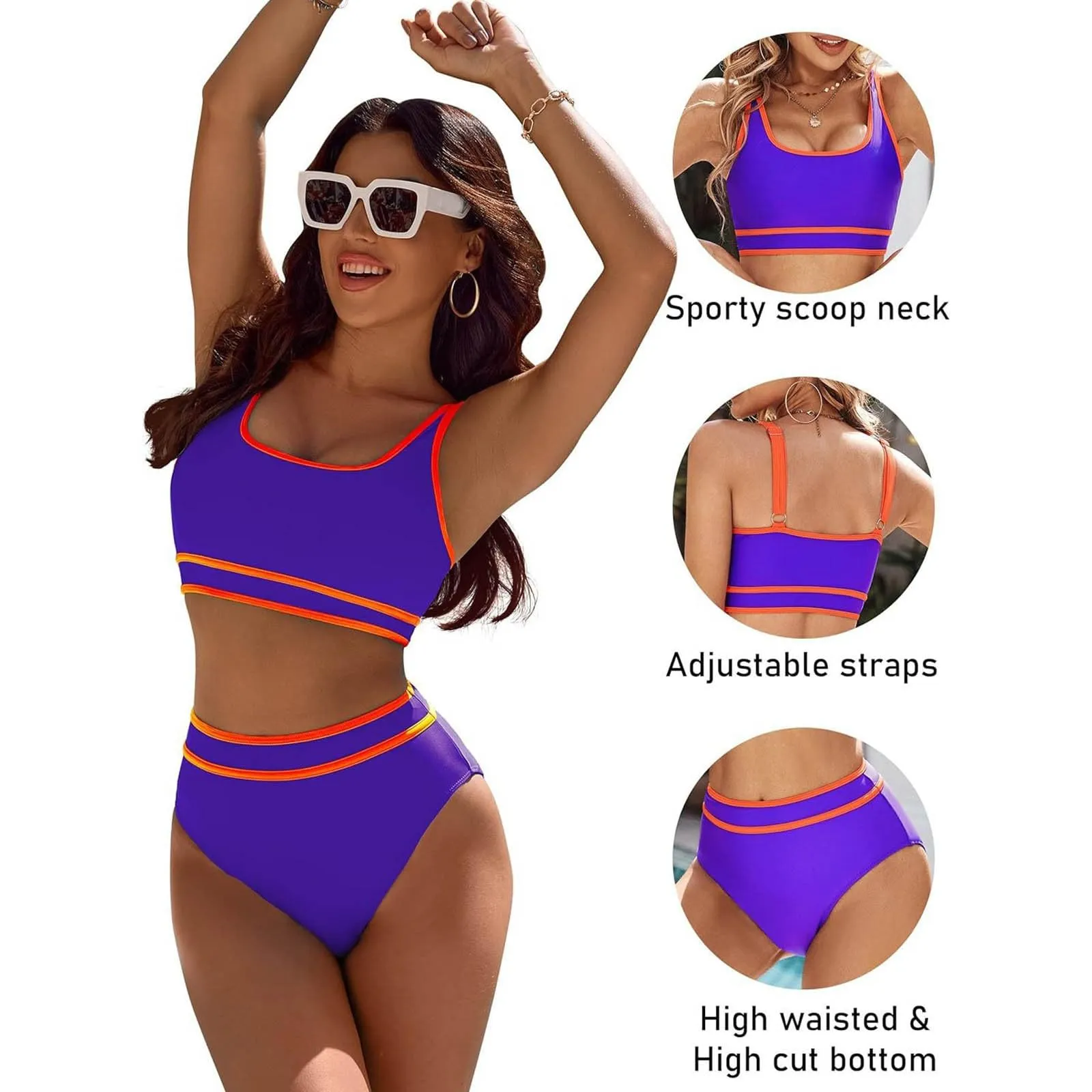 Generisch Costume da bagno da donna nero bikini da donna a vita alta, costume da bagno sportivo in due pezzi, costume da bagno con taglio alto a compressione, PP2, XL - immagine 2