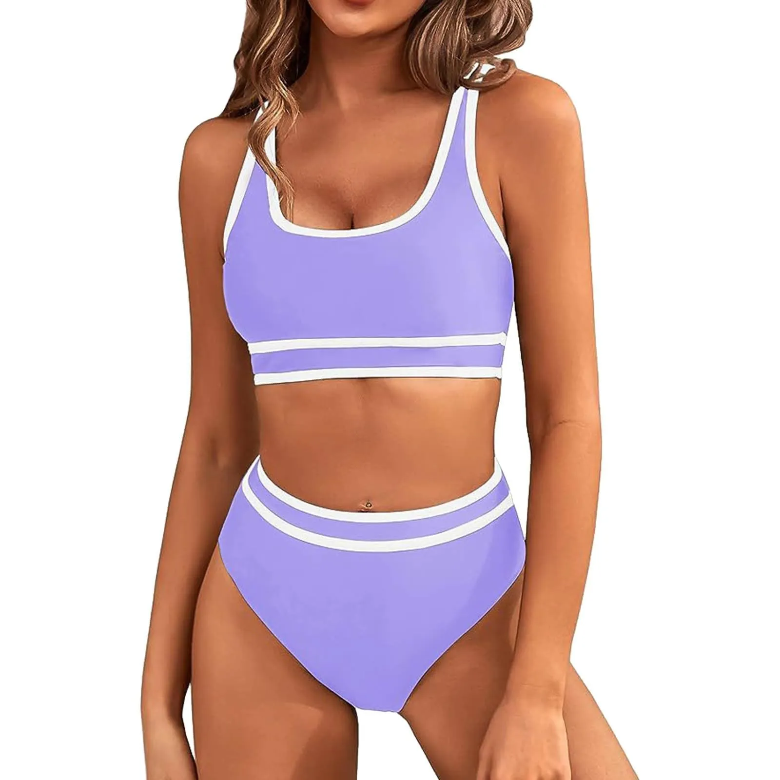 Generisch Costume da bagno da donna nero bikini da donna a vita alta, costume da bagno sportivo in due pezzi, costume da bagno con taglio alto a compressione, PP1, M - immagine 2