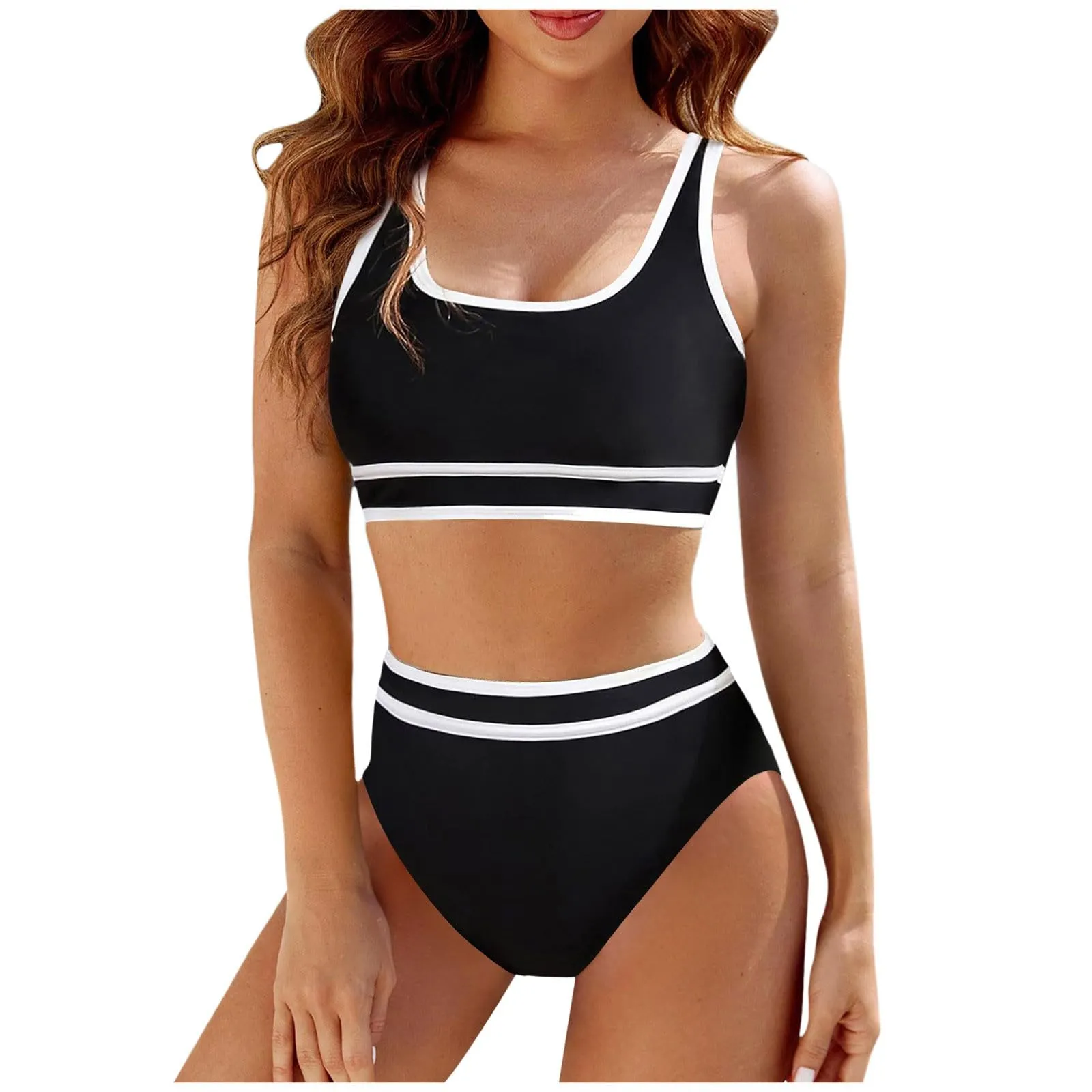 Generisch Costume da bagno da donna nero bikini da donna a vita alta, costume da bagno sportivo in due pezzi, costume da bagno con taglio alto a compressione, Nero , XL - immagine 1