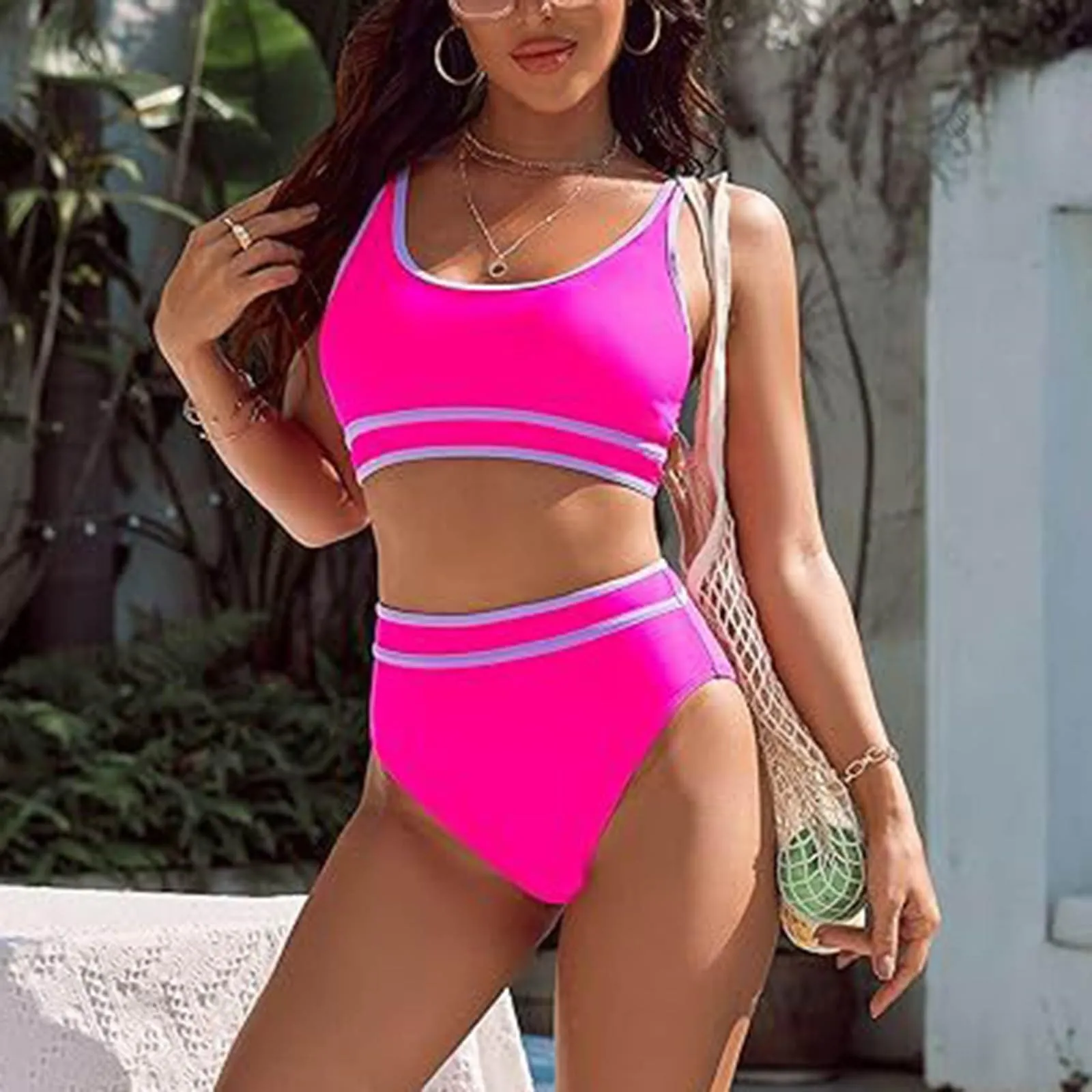 Generisch Costume da bagno da donna nero bikini da donna a vita alta, costume da bagno sportivo in due pezzi, costume da bagno con taglio alto a compressione, rosa intenso, XL - immagine 4