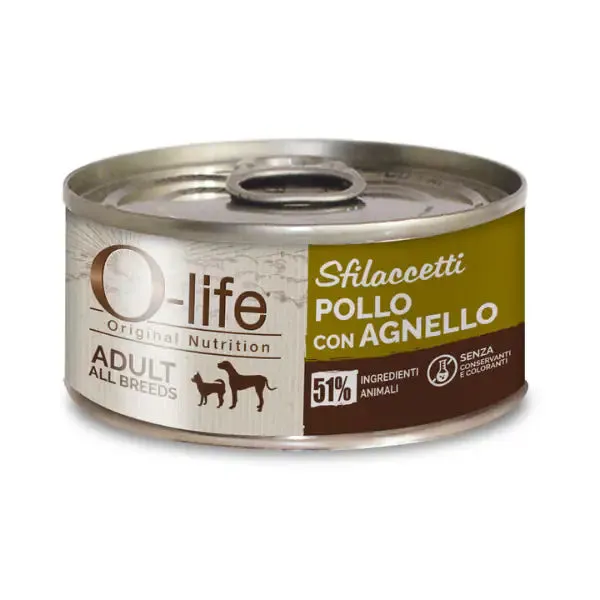 O-life Dog Adult Sfilaccetti 85 gr Pollo e agnello - confezione da 6 pezzi - Cibo umido per cani - immagine 1