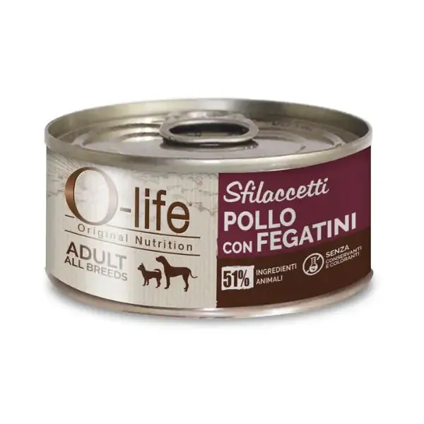 O-life Dog Adult Sfilaccetti 85 gr Pollo e fegatini - confezione da 6 pezzi - Cibo umido per cani - immagine 1