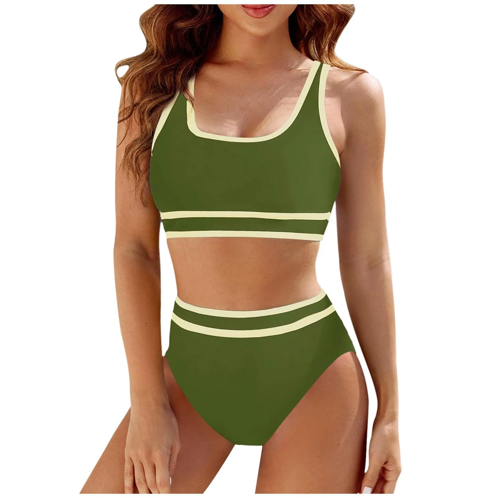 Generisch Costume da bagno da donna nero bikini da donna a vita alta, costume da bagno sportivo in due pezzi, costume da bagno con taglio alto a compressione, verde militare, M - immagine 1
