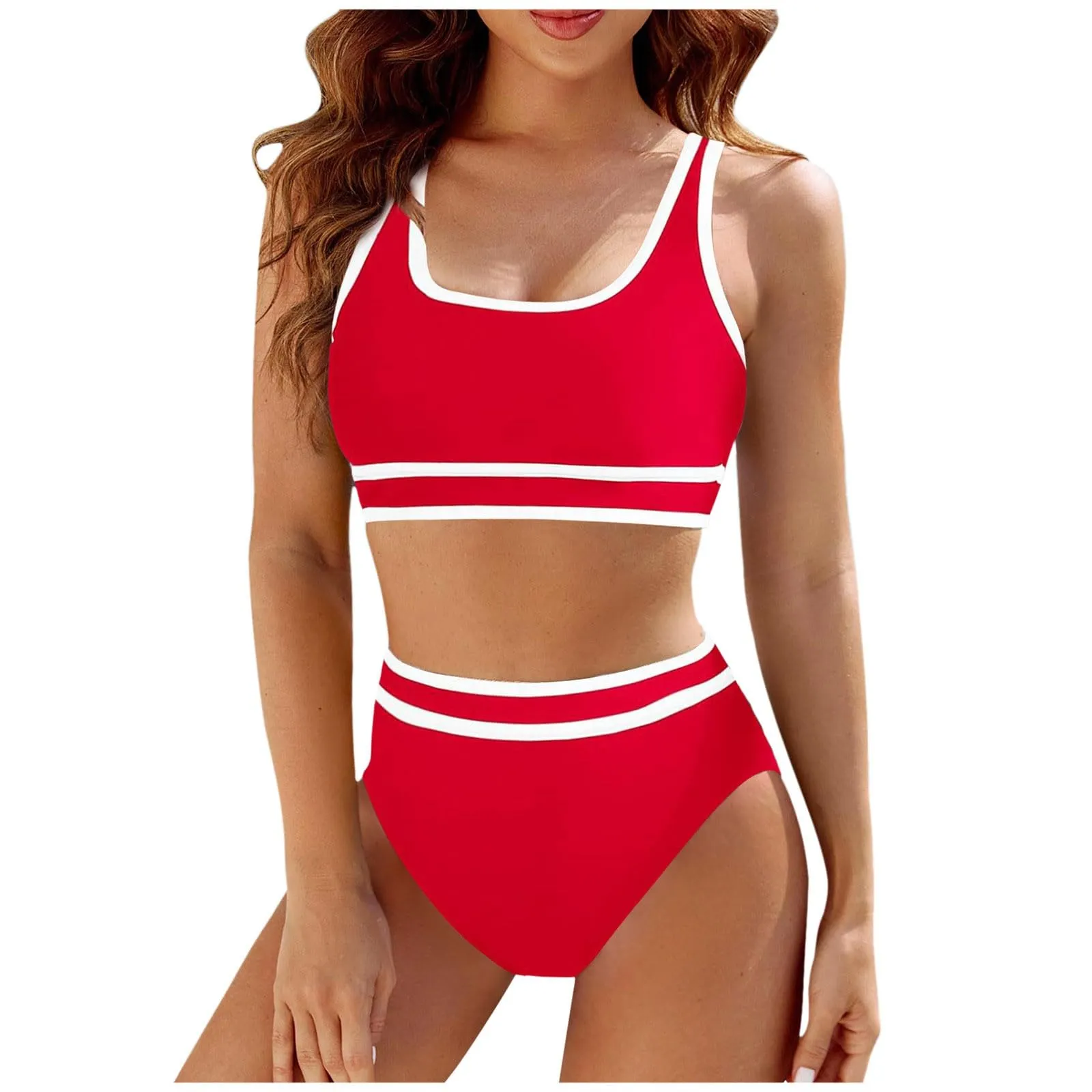 Generisch Costume da bagno da donna nero bikini da donna a vita alta, costume da bagno sportivo in due pezzi, costume da bagno con taglio alto a compressione, RD1, S - immagine 1