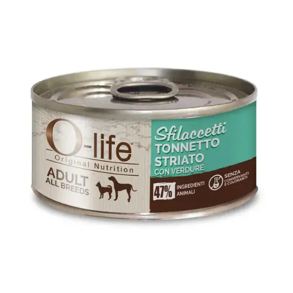 O-life Dog Adult Sfilaccetti 85 gr Tonnetto striato con verdure - confezione da 6 pezzi - Cibo umido per cani - immagine 1