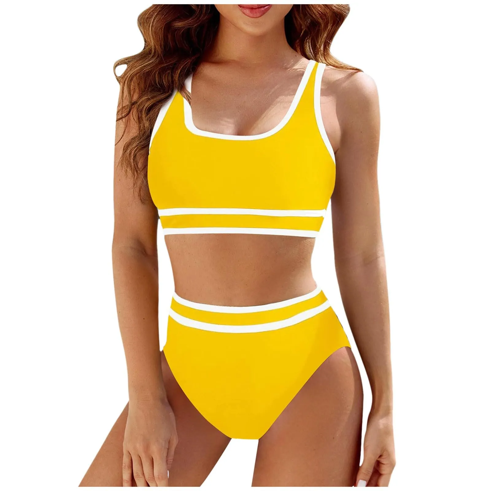 Generisch Costume da bagno da donna nero bikini da donna a vita alta, costume da bagno sportivo in due pezzi, costume da bagno con taglio alto a compressione, giallo., S - immagine 1