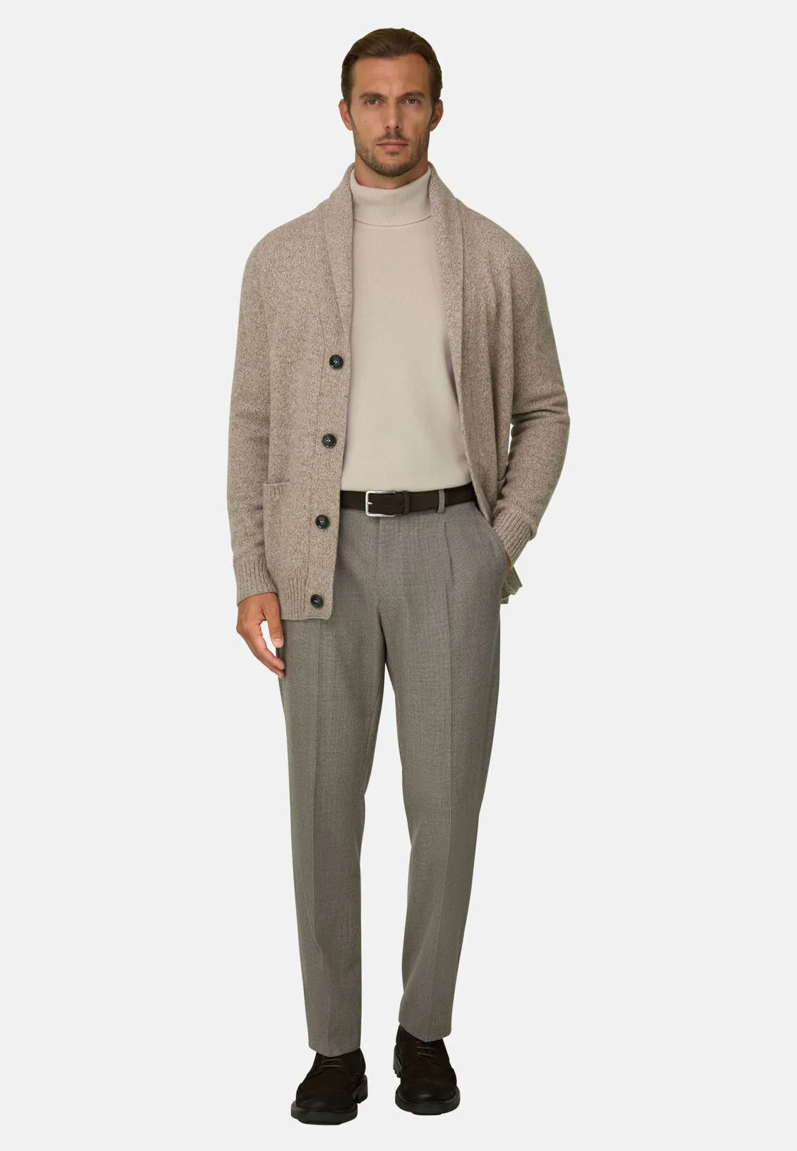 Boggi, Cardigan In Lana Con Collo Sciallato Mouliné, Uomo, Taupe, Taglia: L - immagine 2