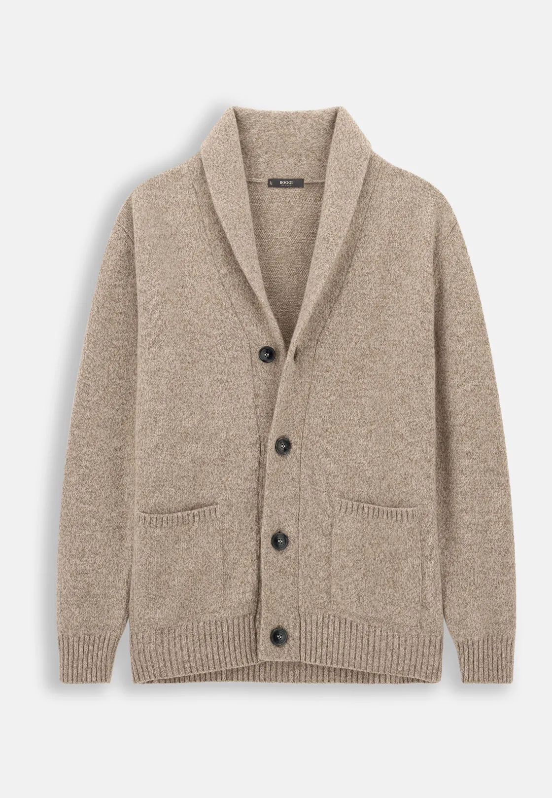Boggi, Cardigan In Lana Con Collo Sciallato Mouliné, Uomo, Taupe, Taglia: L - immagine 5