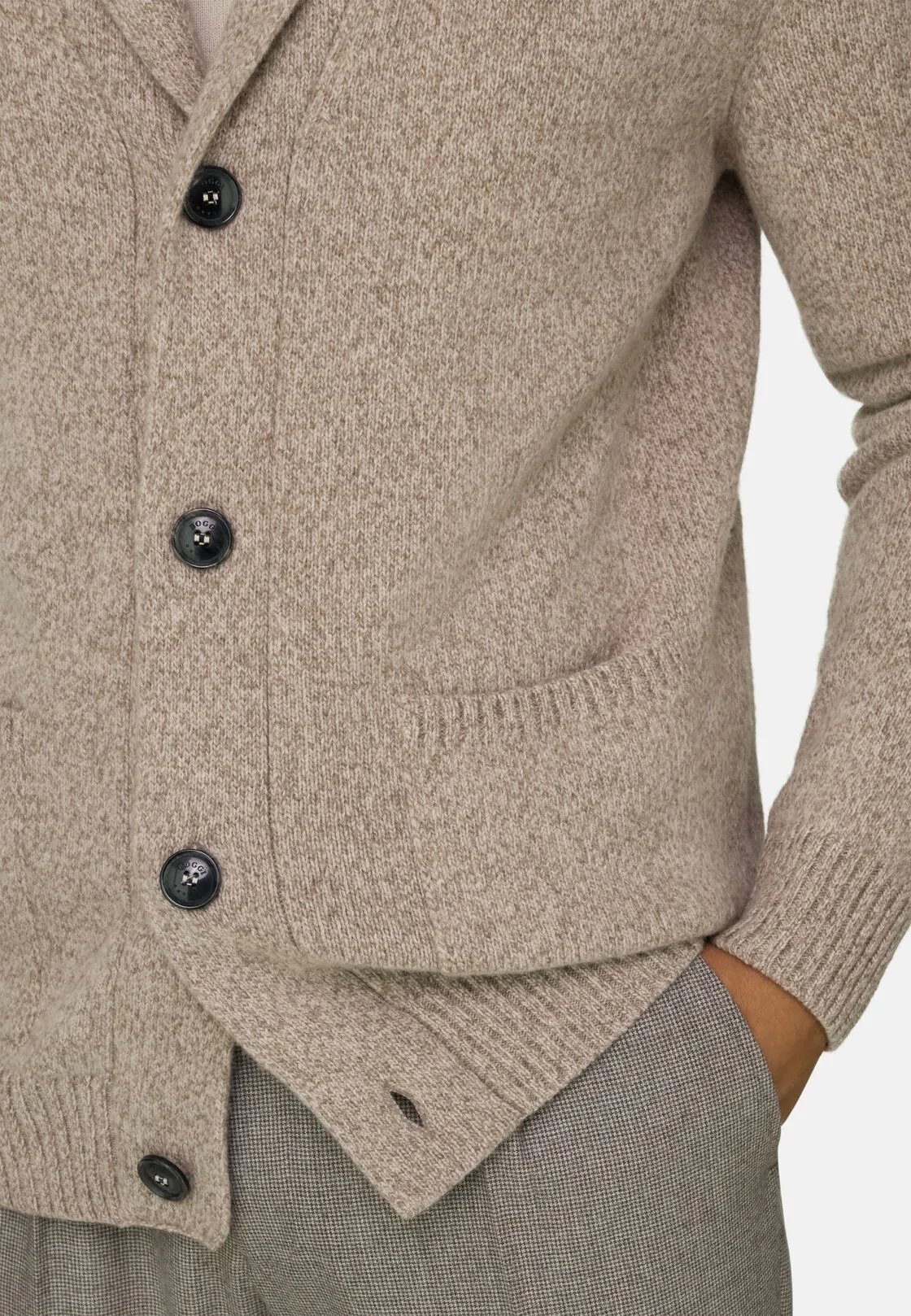 Boggi, Cardigan In Lana Con Collo Sciallato Mouliné, Uomo, Taupe, Taglia: S - immagine 3