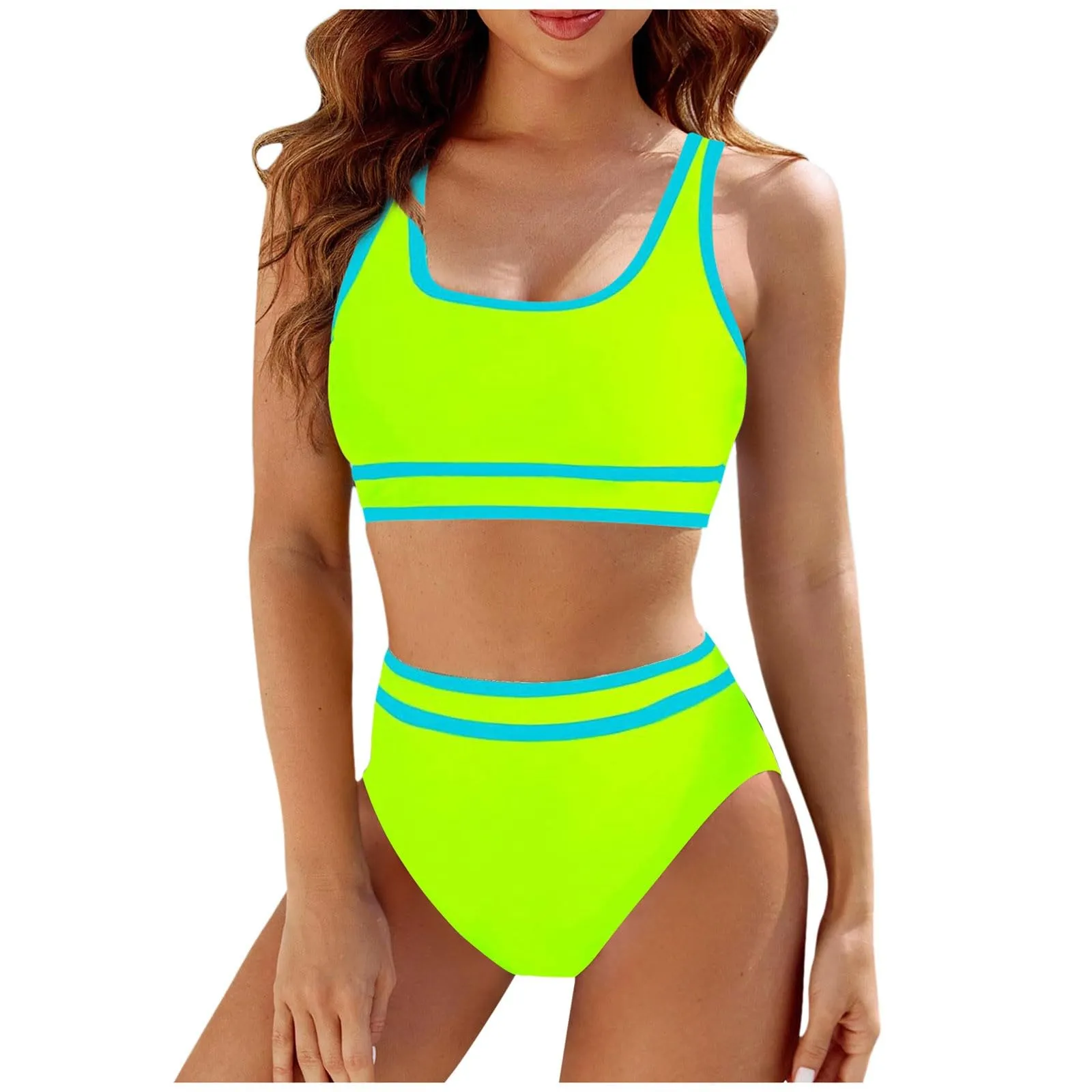 Generisch Costume da bagno da donna nero bikini da donna a vita alta, costume da bagno sportivo in due pezzi, costume da bagno con taglio alto a compressione, Verde menta, M - immagine 1