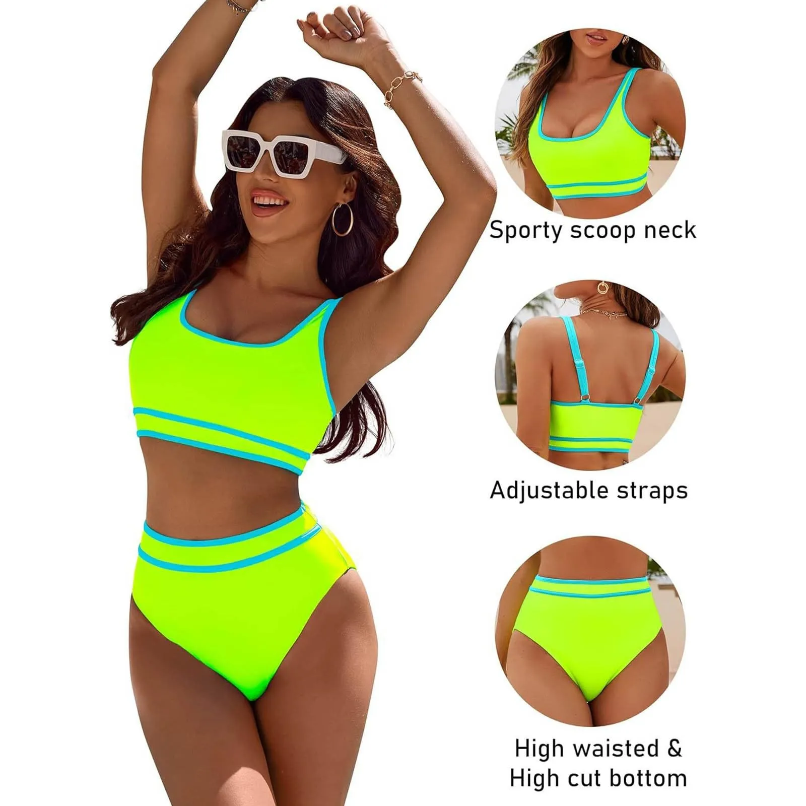 Generisch Costume da bagno da donna nero bikini da donna a vita alta, costume da bagno sportivo in due pezzi, costume da bagno con taglio alto a compressione, Verde menta, M - immagine 2