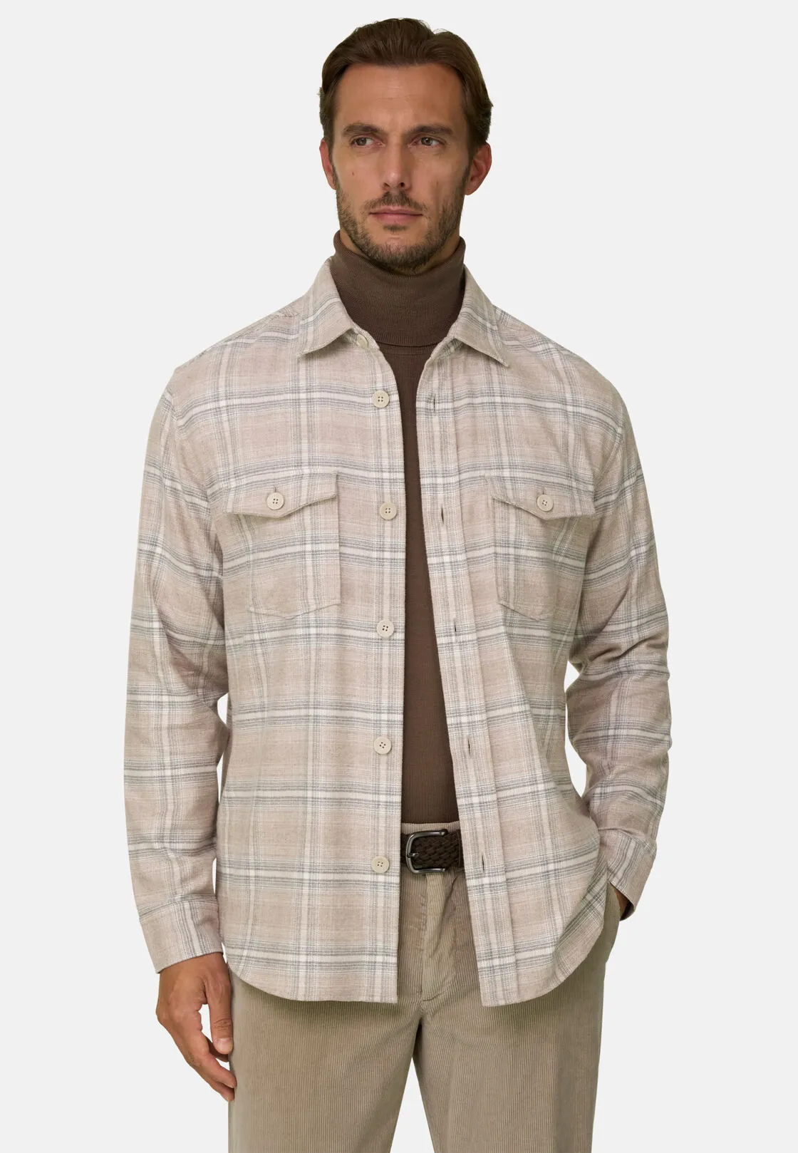 Boggi, Camicia Over A Quadretti In Flanella Di Cotone, Uomo, Beige, Taglia: M - immagine 1