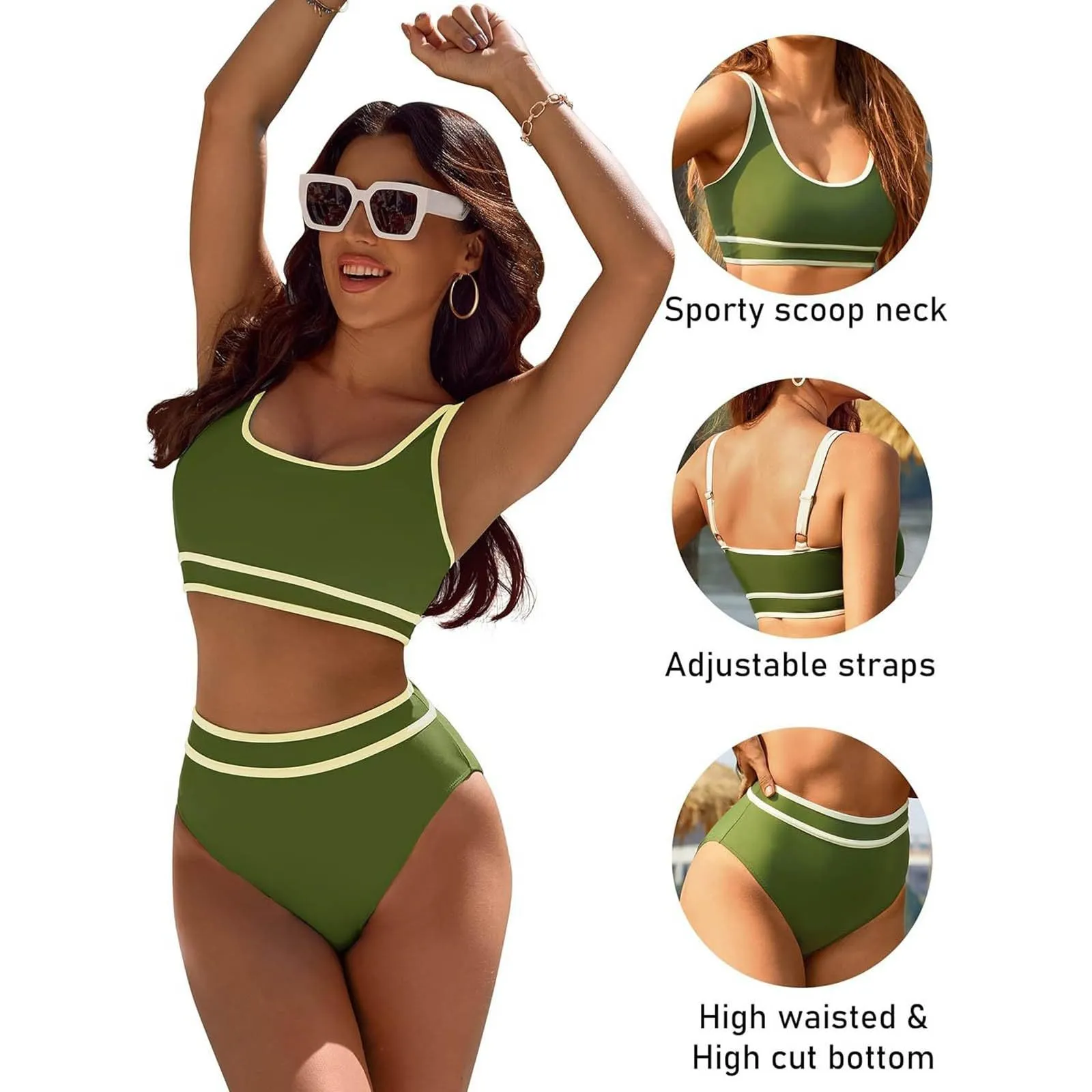 Generisch Costume da bagno da donna nero bikini da donna a vita alta, costume da bagno sportivo in due pezzi, costume da bagno con taglio alto a compressione, verde militare, S - immagine 5