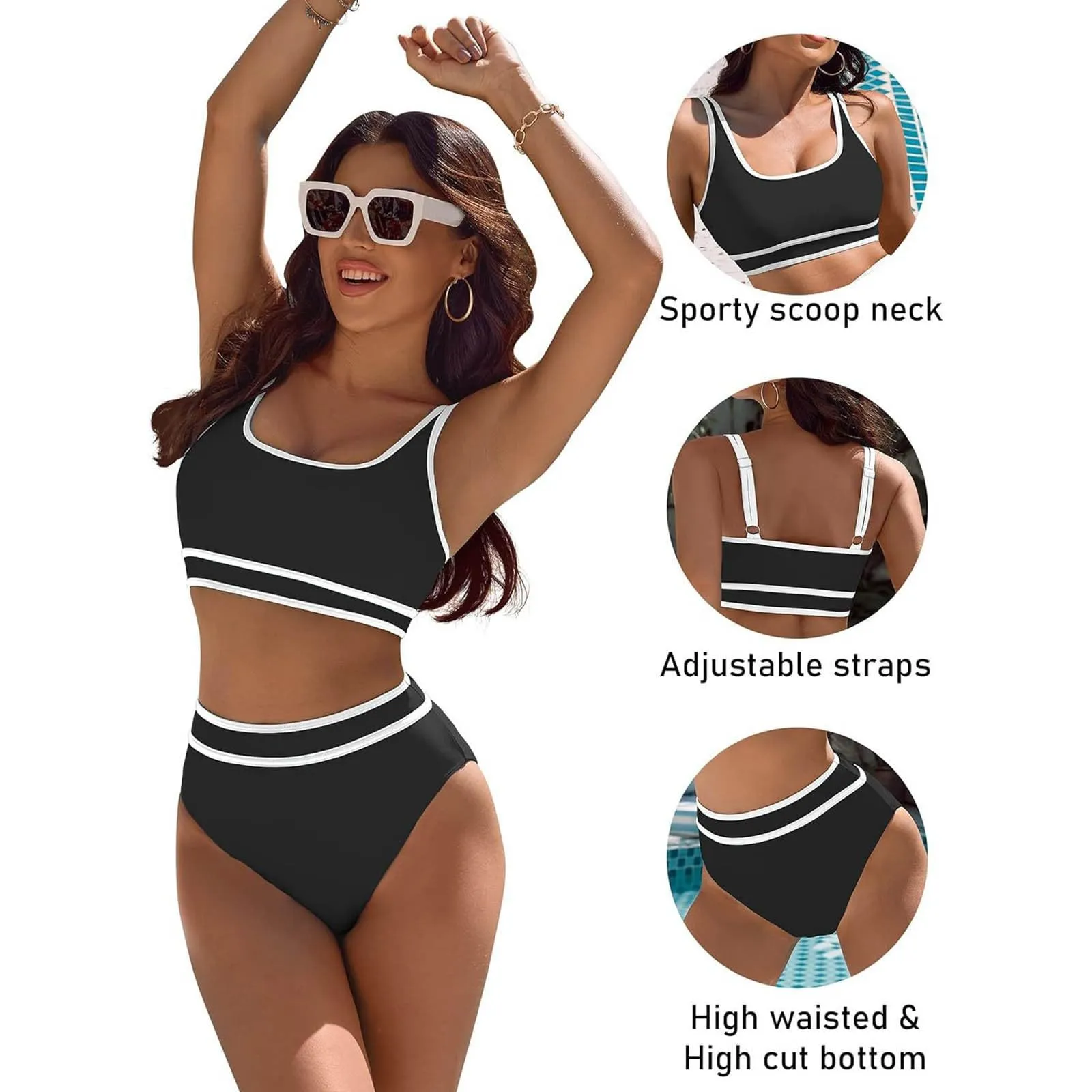Generisch Costume da bagno da donna nero bikini da donna a vita alta, costume da bagno sportivo in due pezzi, costume da bagno con taglio alto a compressione, Nero , M - immagine 4