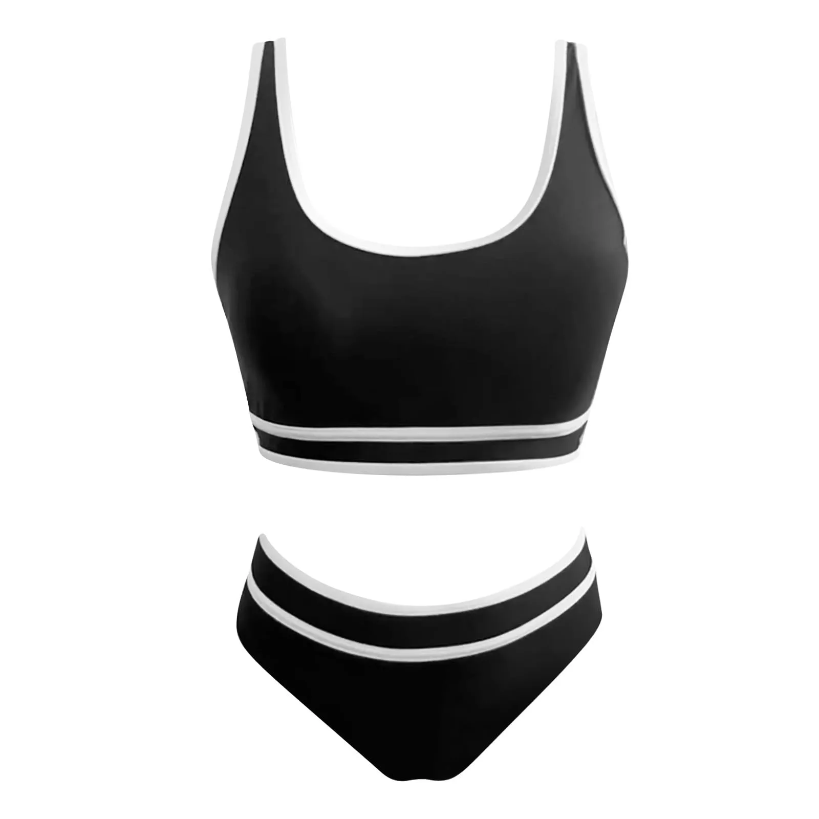 Generisch Costume da bagno da donna nero bikini da donna a vita alta, costume da bagno sportivo in due pezzi, costume da bagno con taglio alto a compressione, Nero , M - immagine 5