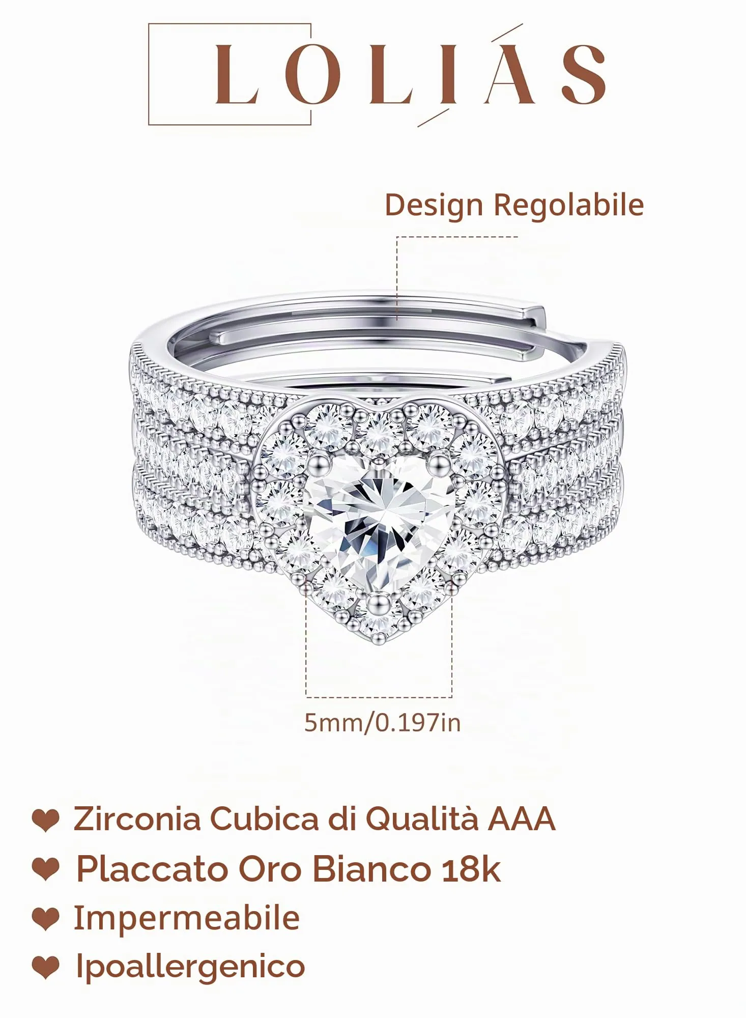 Lolias Cuore Anello Donna Color Argento Set Anelli Donna - immagine 2