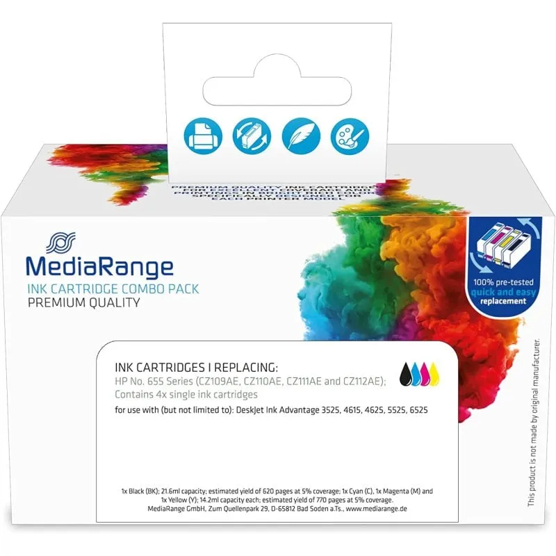Cartucce d'inchiostro Mediarange compatibili con HP655 Multipack Nero/Ciano/Magenta/Giallo - immagine 1