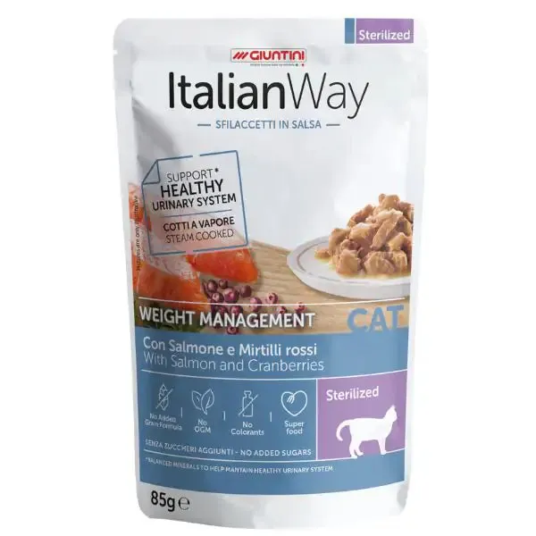 ItalianWay Cat Sfilaccetti in salsa Weight Management Sterilized 85 gr Salmone e mirtilli - confezione da 28 pezzi - Cibo umido per gatti - immagine 1