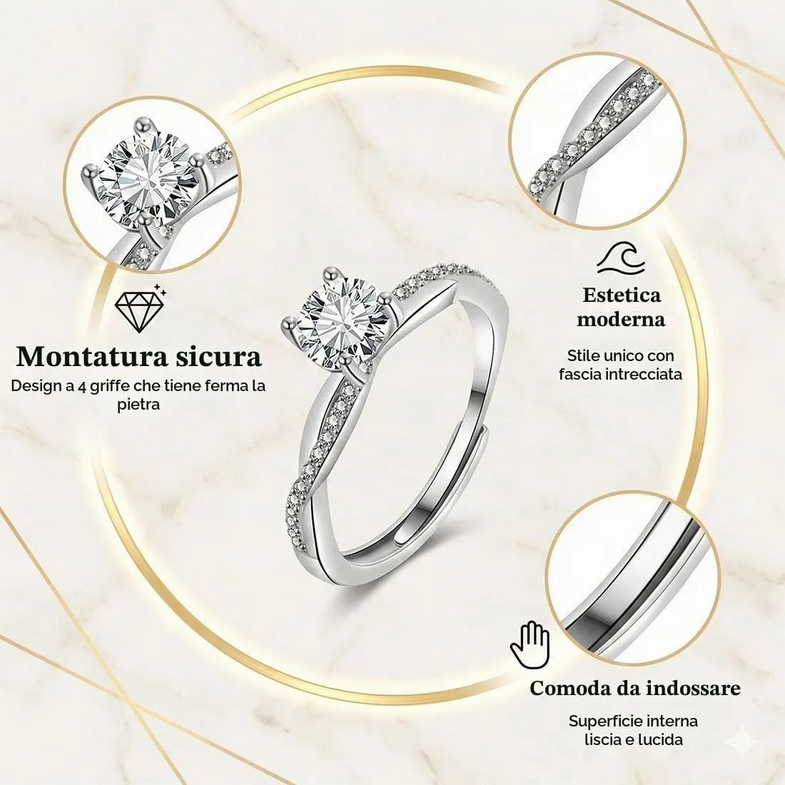 XENQITO 1 Pezzi Anello Argento Donna, Elegante Anello Regolabile Zirconia Cubica Amicizia Fidanzamento, Anello di Promessa Fedi Nuziali, Anelli Matrimonio,Anniversario Promessa Fedine Regali per Donna - immagine 4