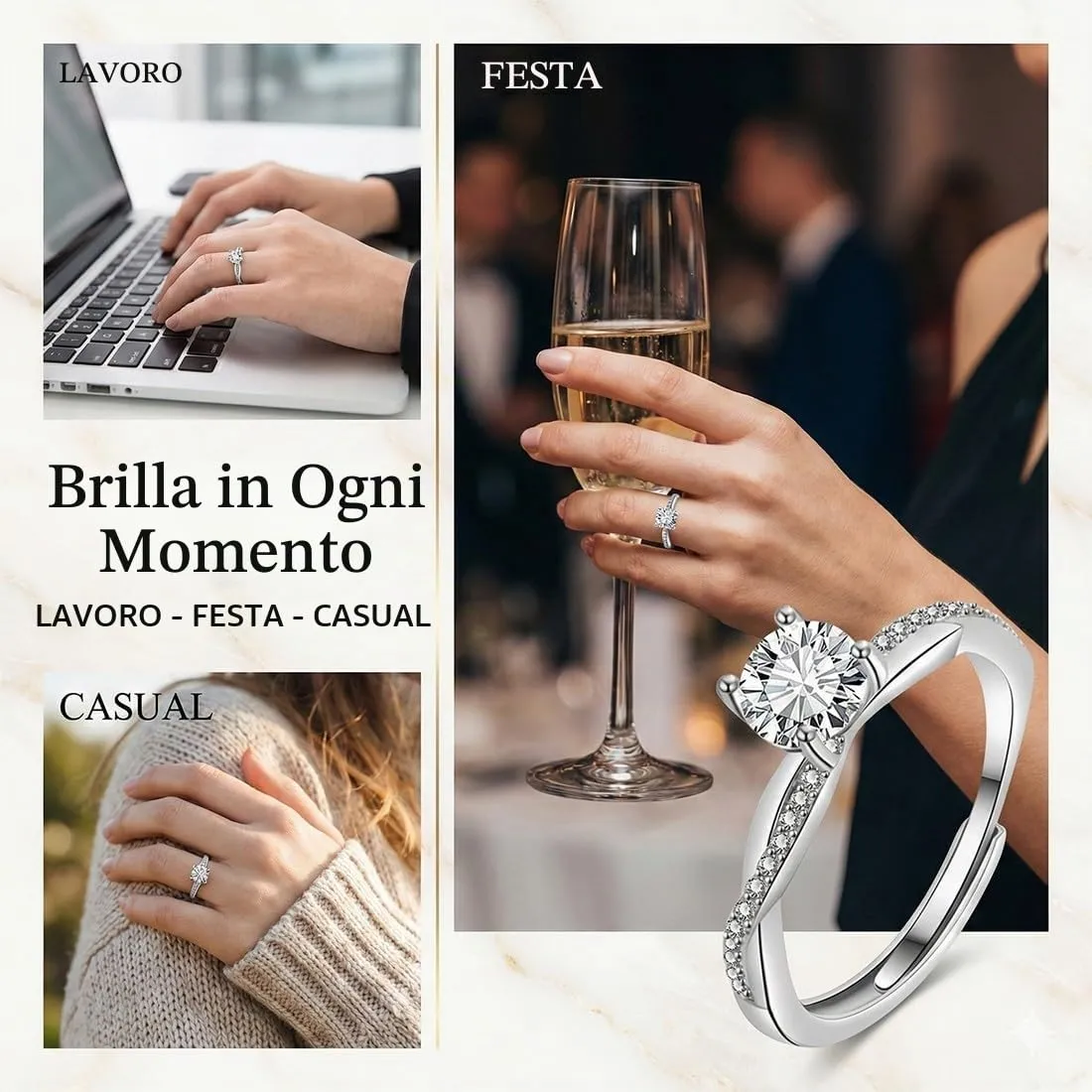 XENQITO 1 Pezzi Anello Argento Donna, Elegante Anello Regolabile Zirconia Cubica Amicizia Fidanzamento, Anello di Promessa Fedi Nuziali, Anelli Matrimonio,Anniversario Promessa Fedine Regali per Donna - immagine 6